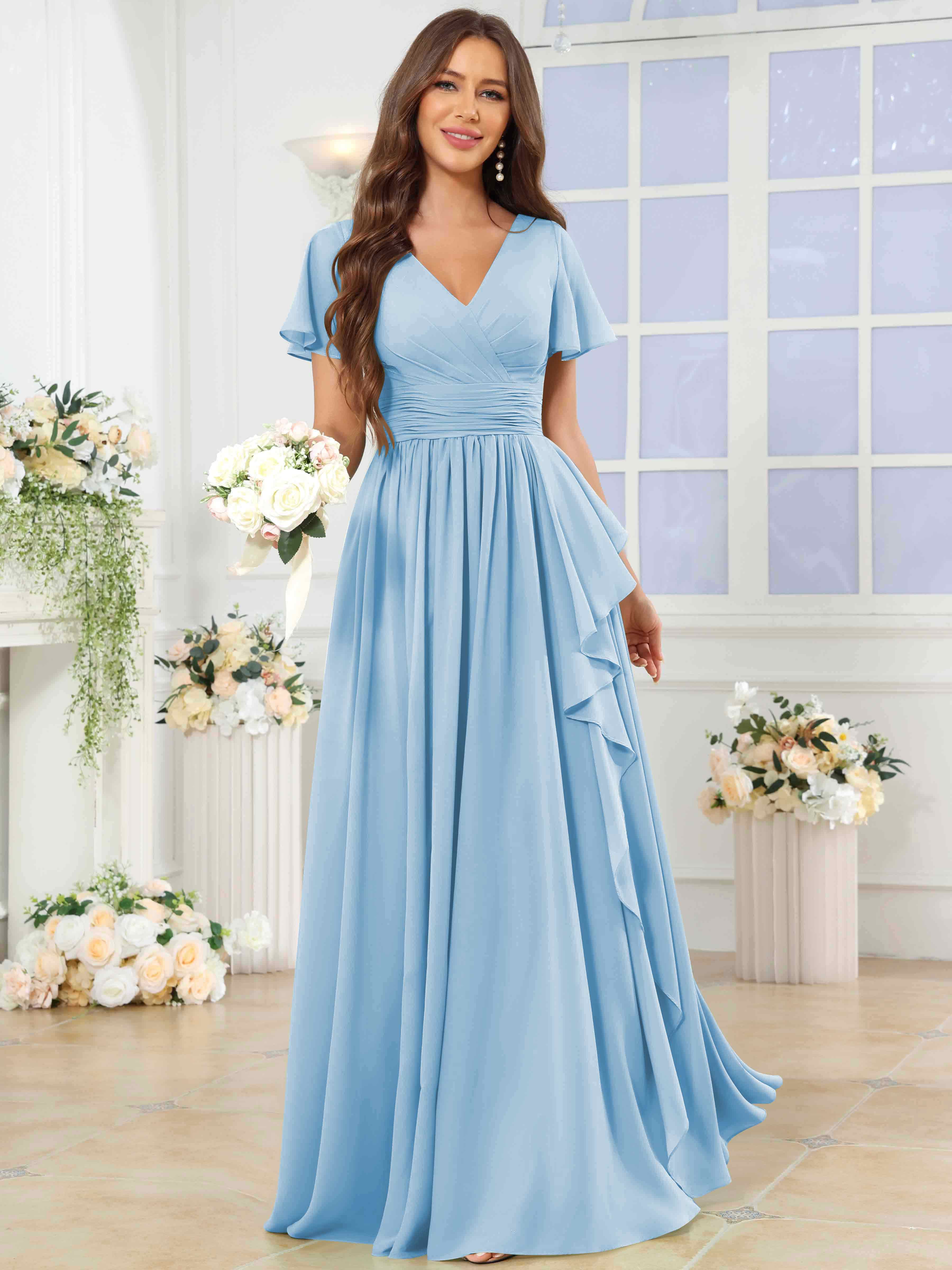 ROVDESY A-Line V-Neck Slit Pleated Ruffle Chiffon Bridesmaid Dress With Short Sleeves