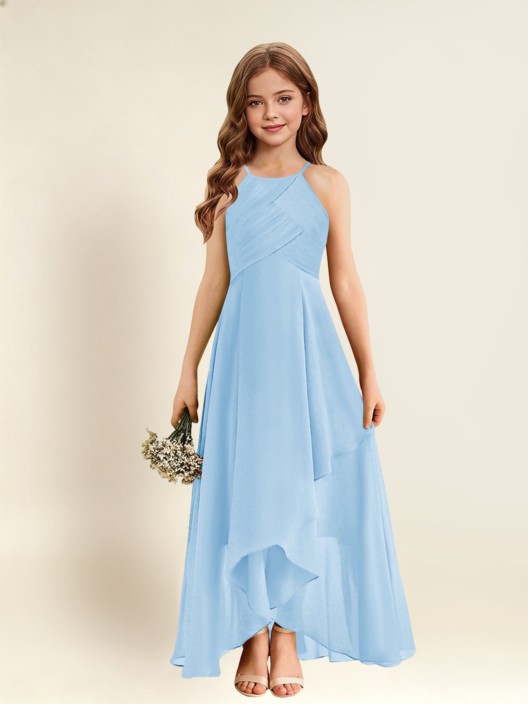 ROVDESY A-Line Halter Pleated Chiffon Junior Bridesmaid Dress