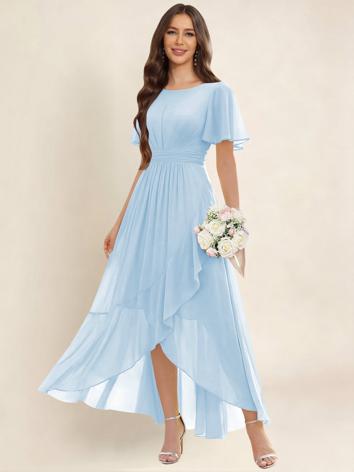 ROVDESY A-Line High Low Round Neck Pleated Ruffle Chiffon Bridesmaid Dress With Short Sleeves