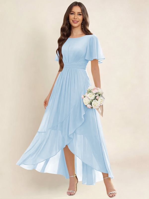 A-Line High Low Round Neck Pleated Ruffle Chiffon Bridesmaid Dress With Short Sleeves