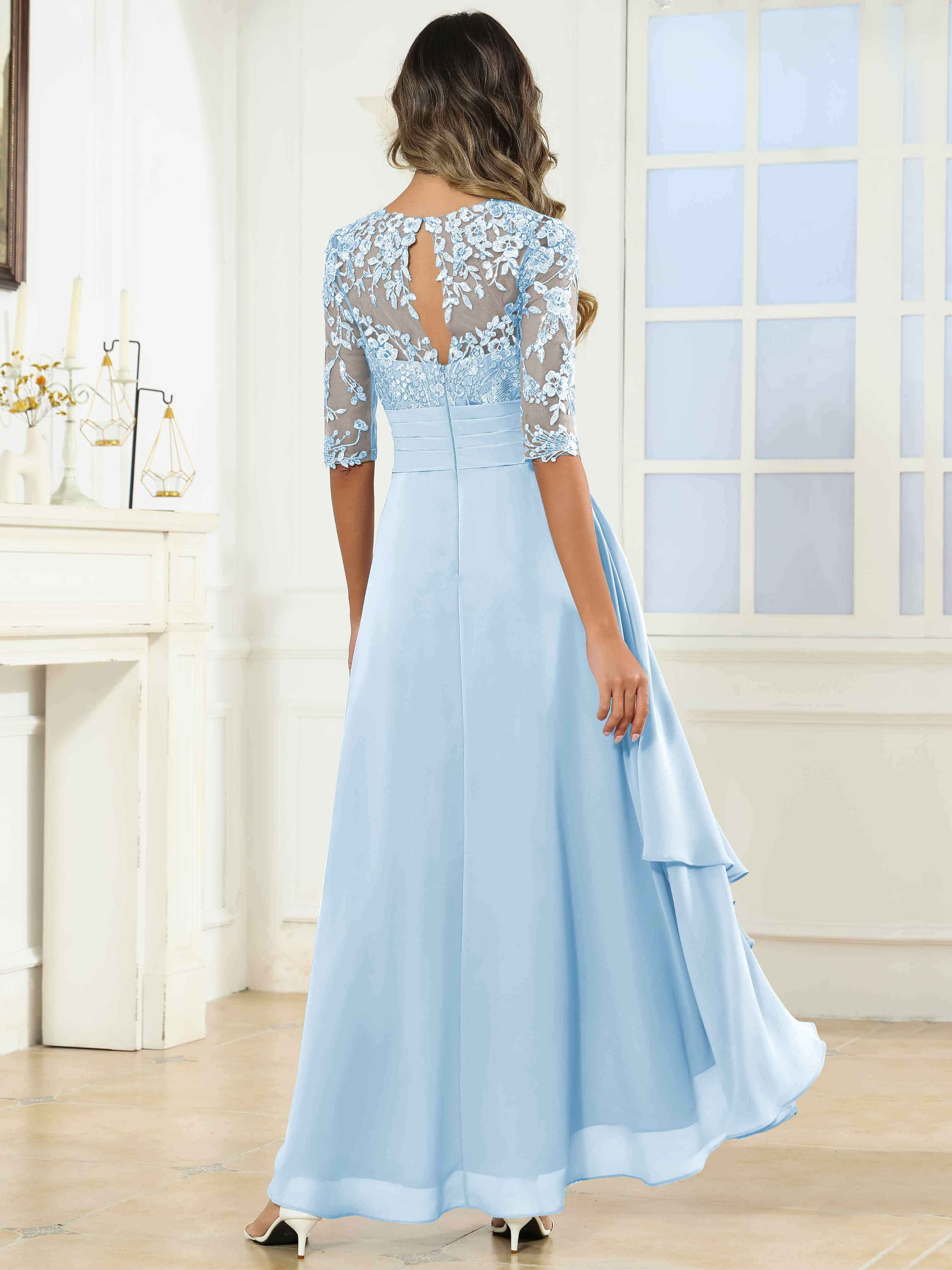 ROVDESY Tea Length A-Line Lace Chiffon Mother Of The Bride Dress With Half Sleeves