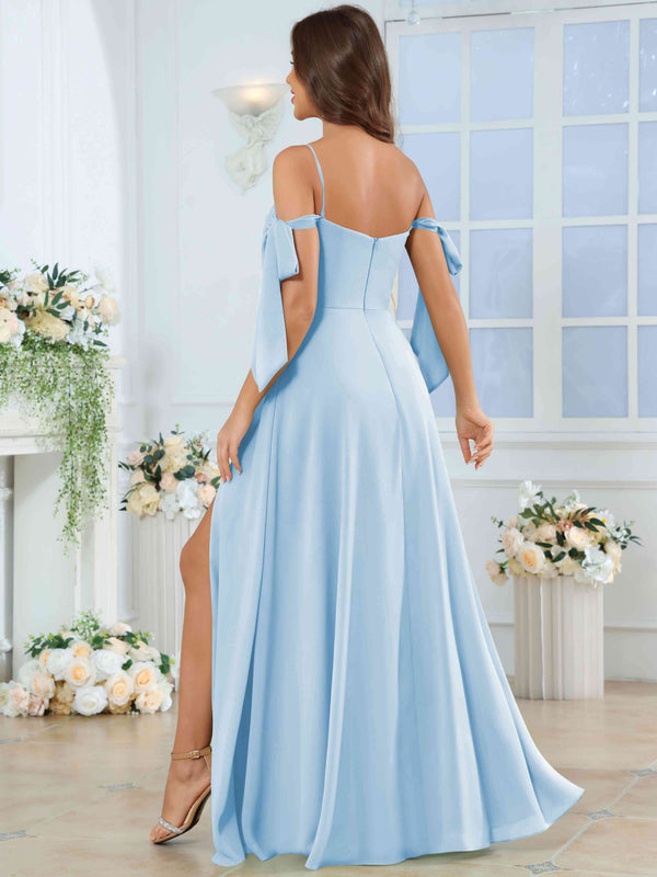 Spaghetti Strap Pleated Ruffle Slit Chiffon Bridesmaid Dress With Bow Sleeves