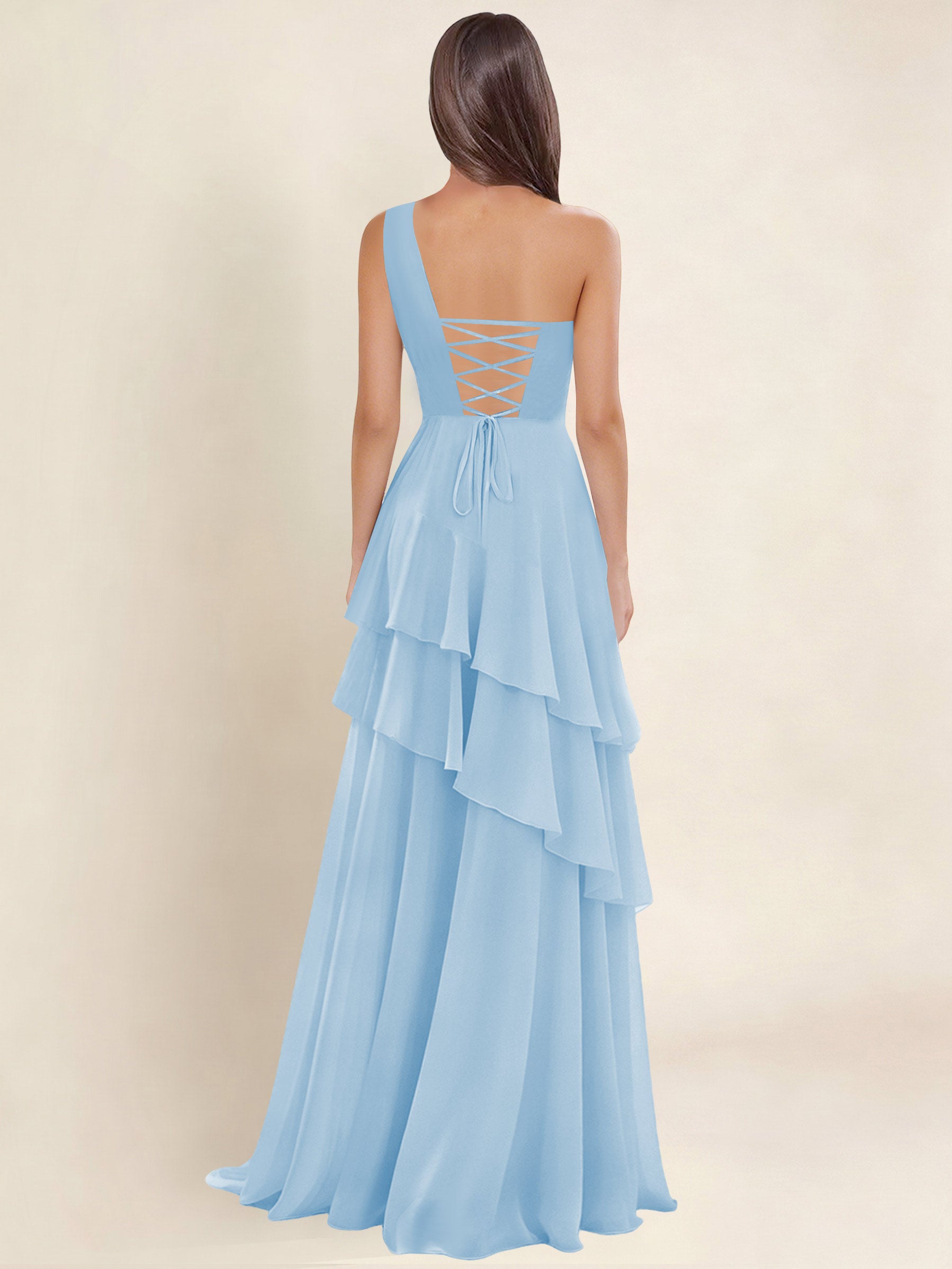 ROVDESY A-Line One Shoulder Pleated Tiered Chiffon Bridesmaid Dress