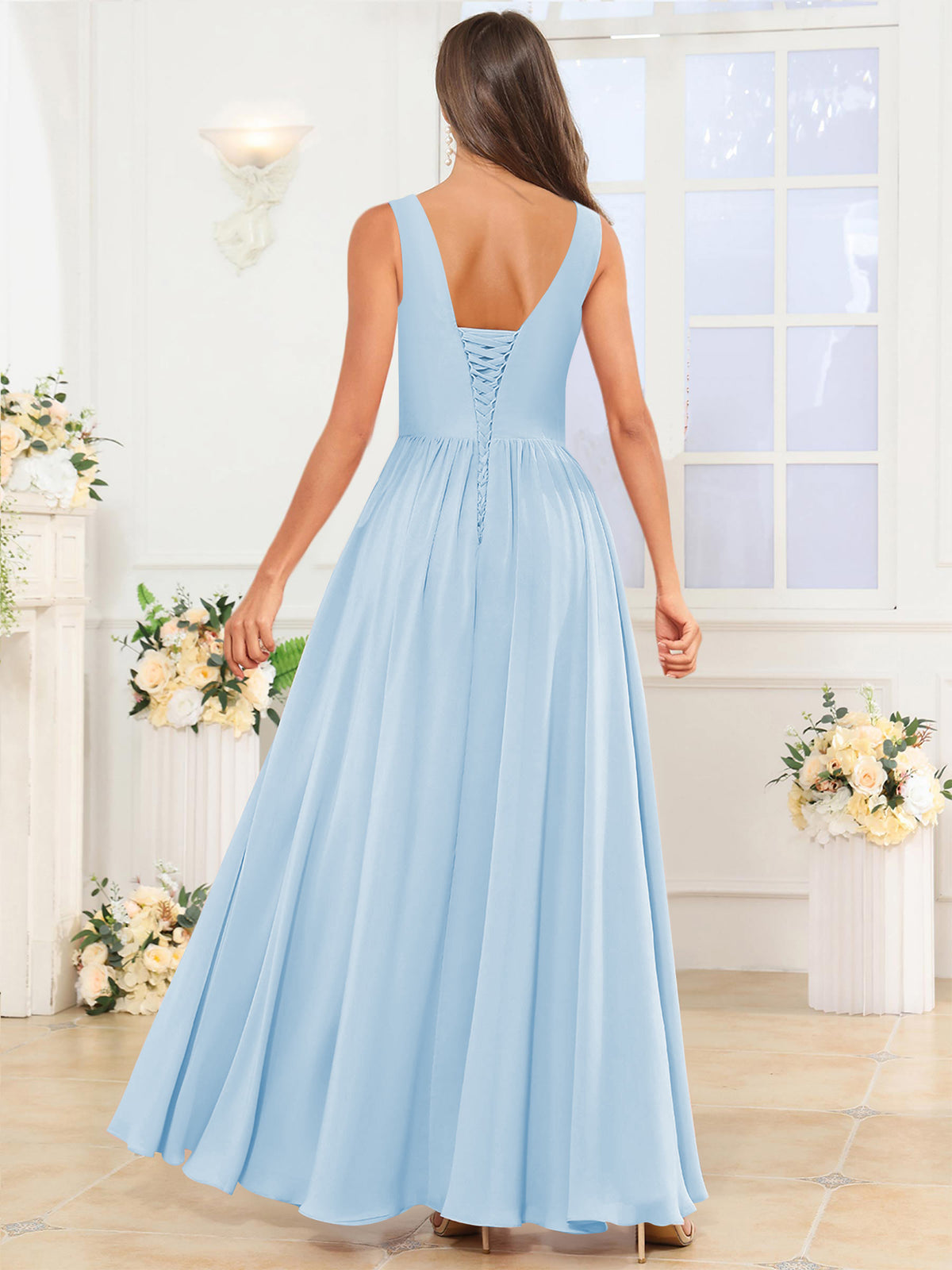 V Neck Chiffon A Line Bridesmaid Dress with Slit
