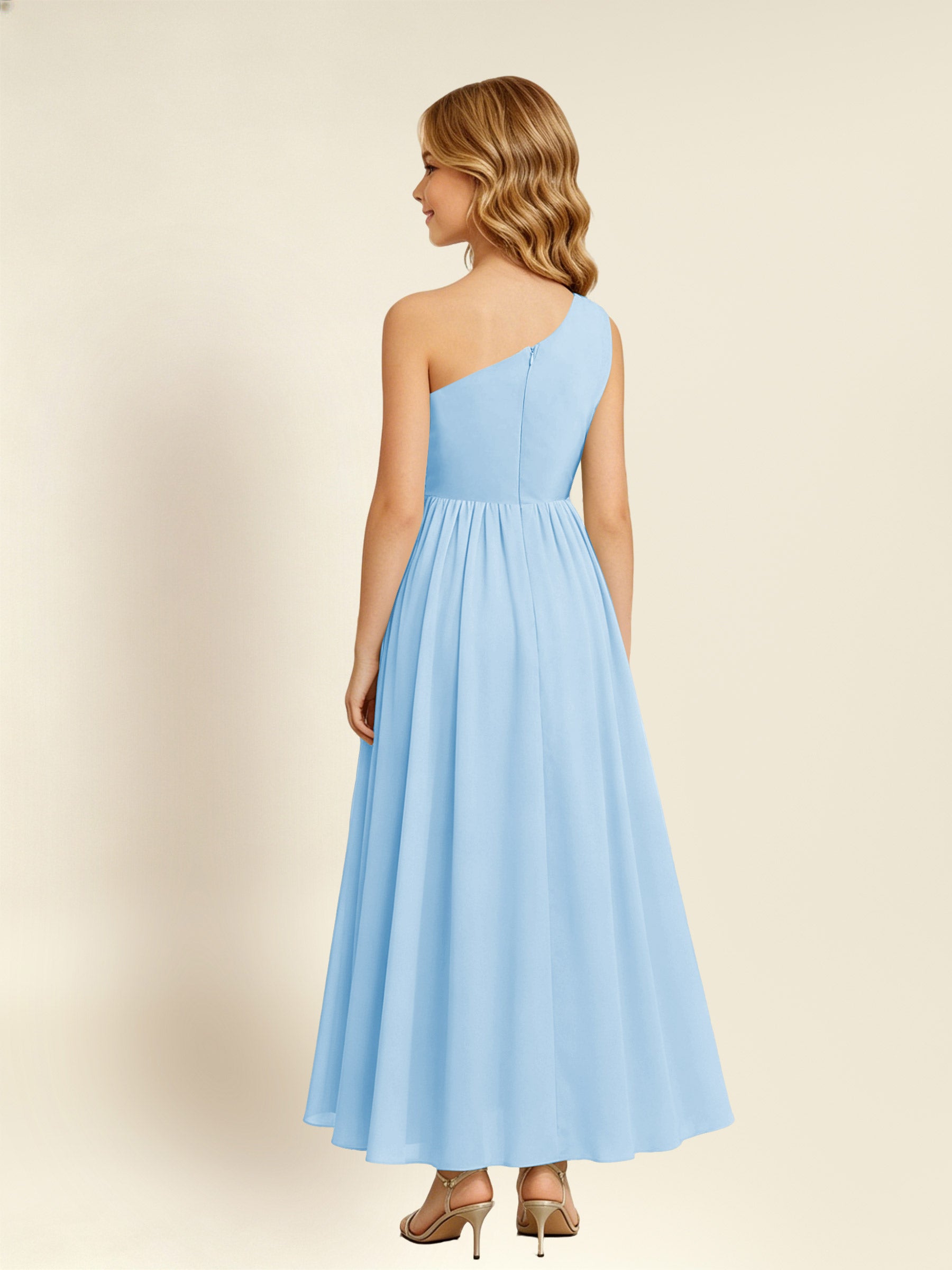 ROVDESY One Shoulder Twist Waist Chiffon Junior Bridesmaid Maxi Dress