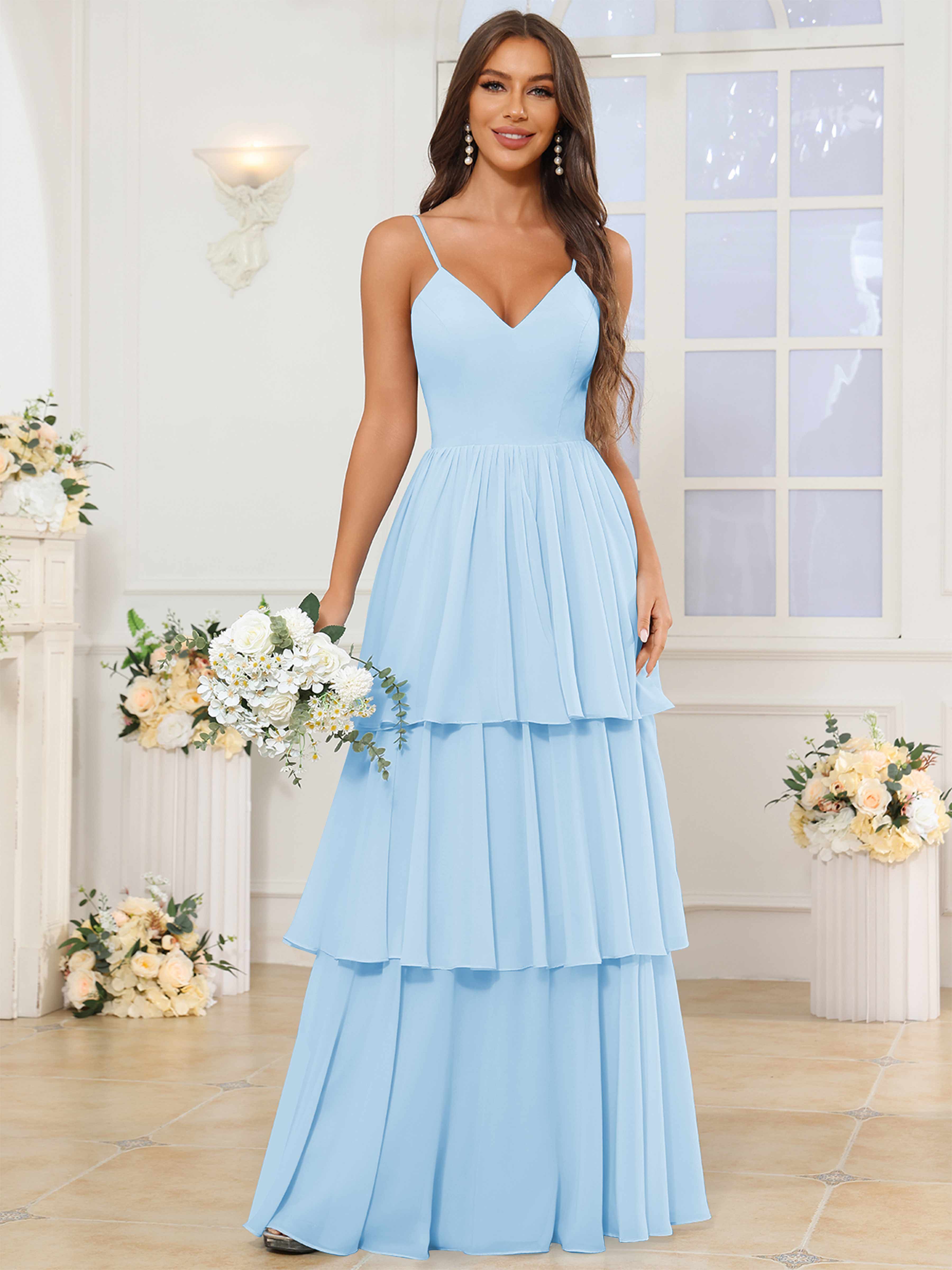 ROVDESY V-Neck Spaghetti Straps Tiered Chiffon Bridesmaid Dress With Ruffles