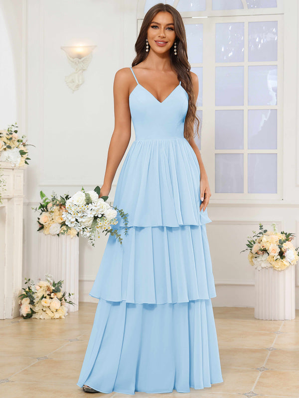 V-Neck Spaghetti Straps Tiered Chiffon Bridesmaid Dress With Ruffles