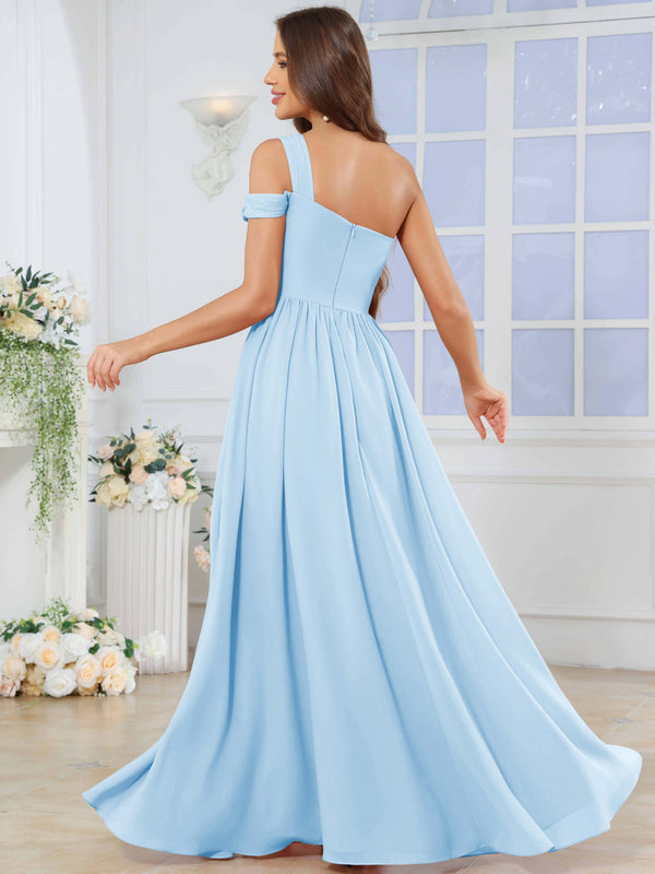 One Shoulder Pleated Chiffon Bridesmaid Dress With Slit