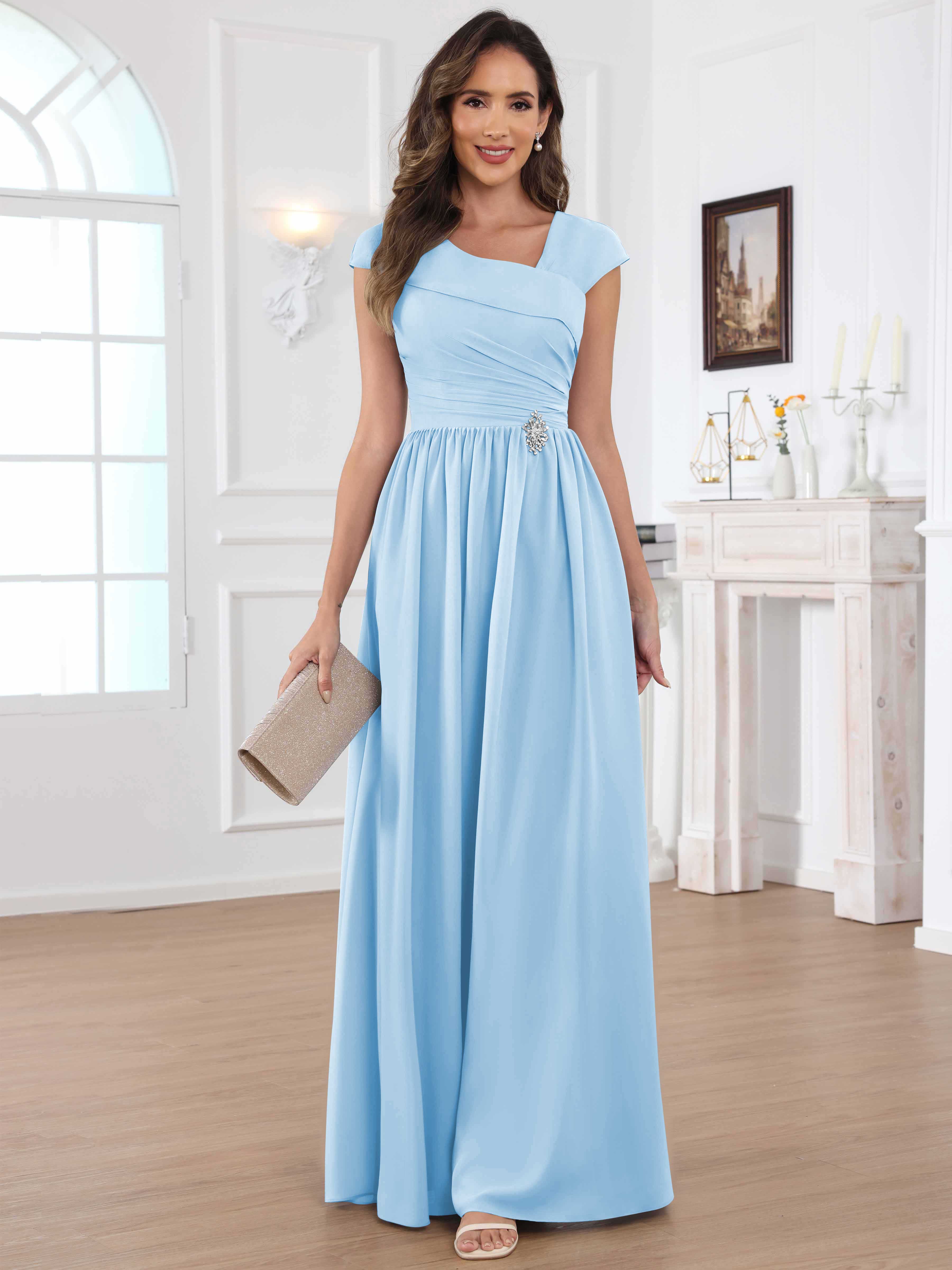 ROVDESY A-Line Cap Sleeves Pleated Chiffon Mother Of The Bride Dress