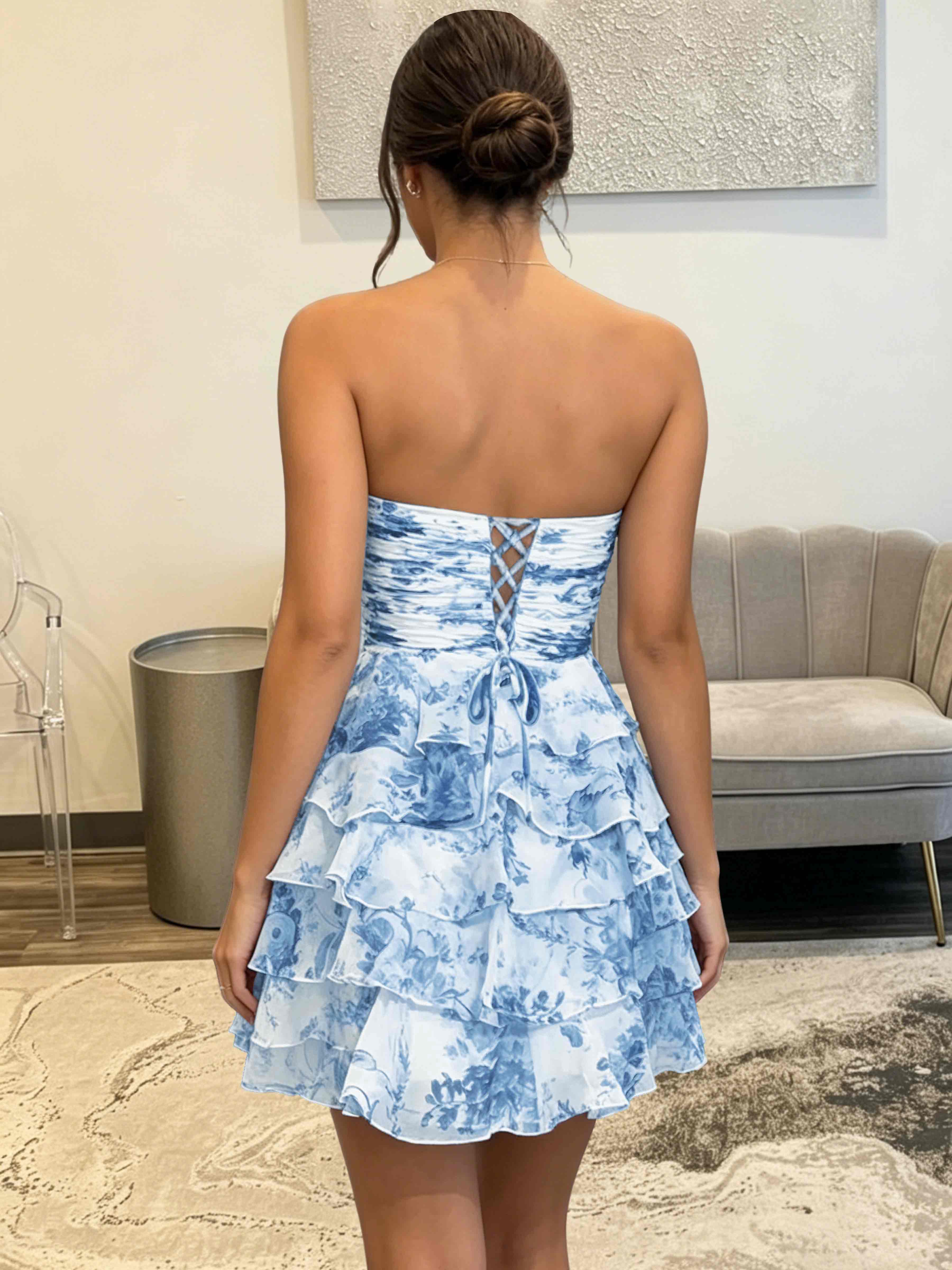 ROVDESY Strapless Tiered Ruffle Floral Print Chiffon Homecoming Mini Dress
