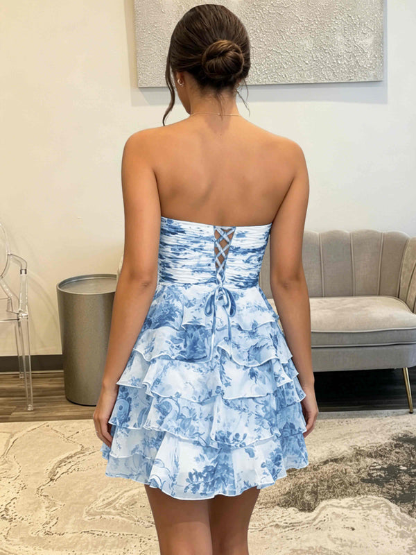 Strapless Tiered Ruffle Floral Print Chiffon Homecoming Mini Dress