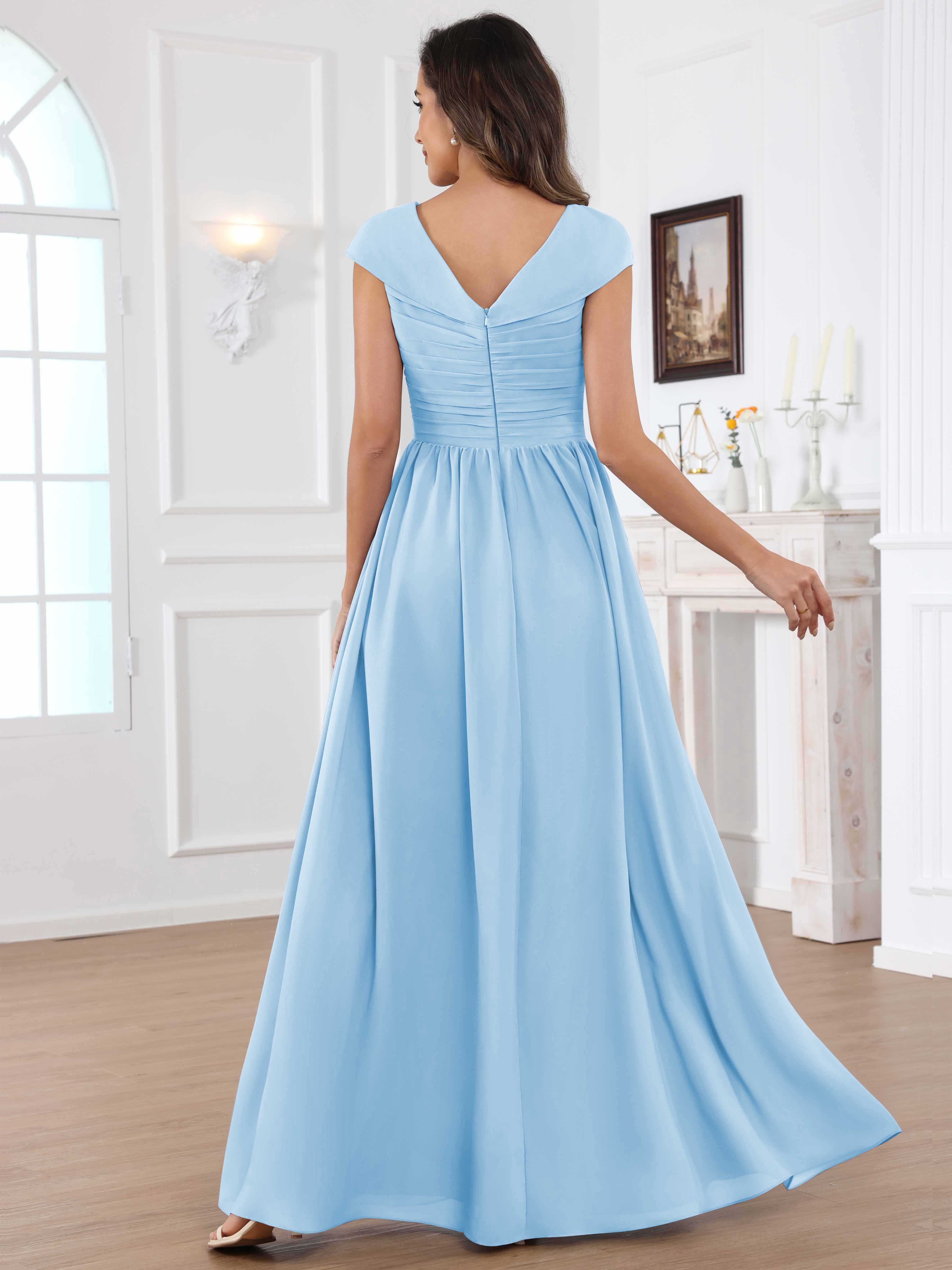 ROVDESY A-Line Cap Sleeves Pleated Chiffon Mother Of The Bride Dress
