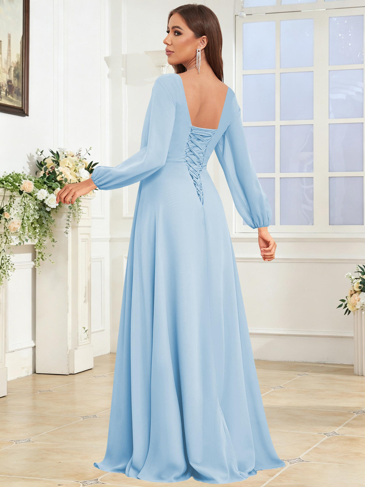 V Neck Chiffon Long Sleeve Bridesmaid Dresses with Slit