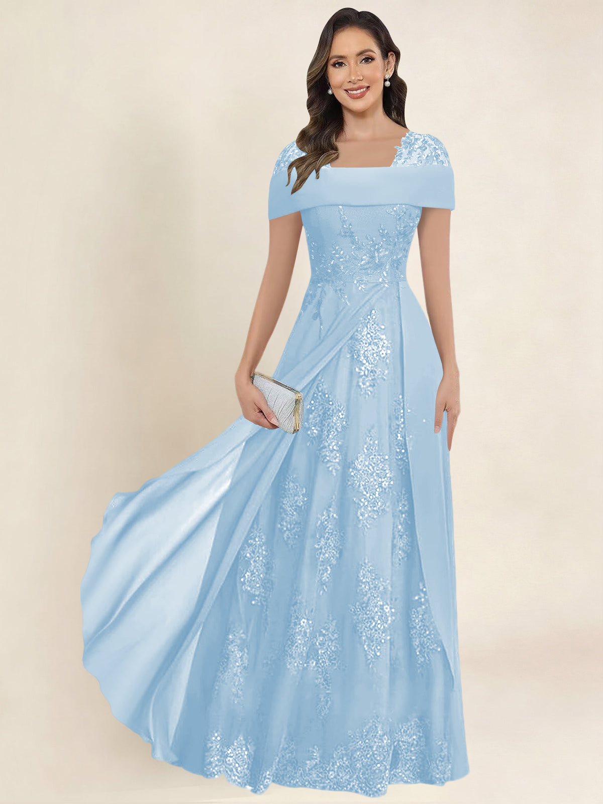 ROVDESY A-Line Off The Shoulder Lace Chiffon Long Mother of the Bride Dress Formal Gown