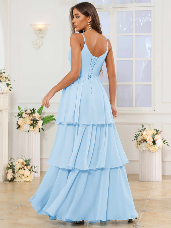 V-Neck Spaghetti Straps Tiered Chiffon Bridesmaid Dress With Ruffles