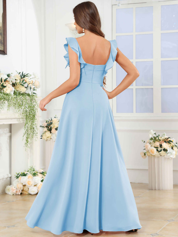 Square Neck Ruffle Chffion Bridesmaid Dress With Slit
