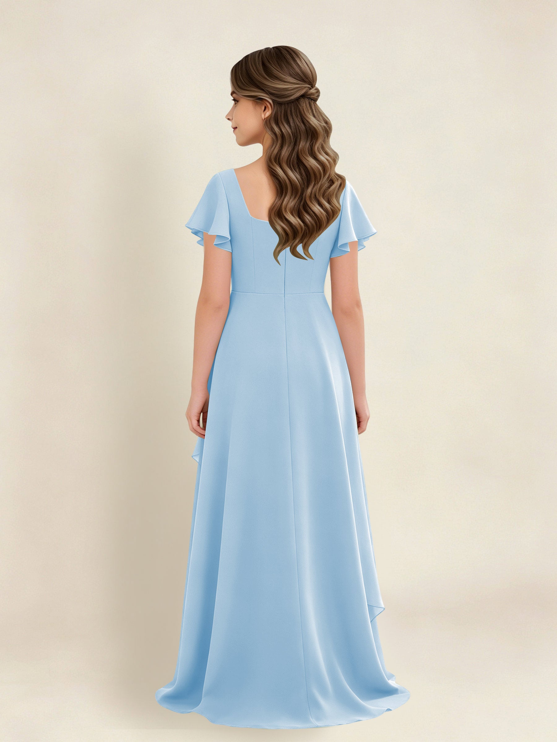 ROVDESY A-Line Square Neck Ruffle Chiffon Junior Bridesmaid Dress With Short Sleeves