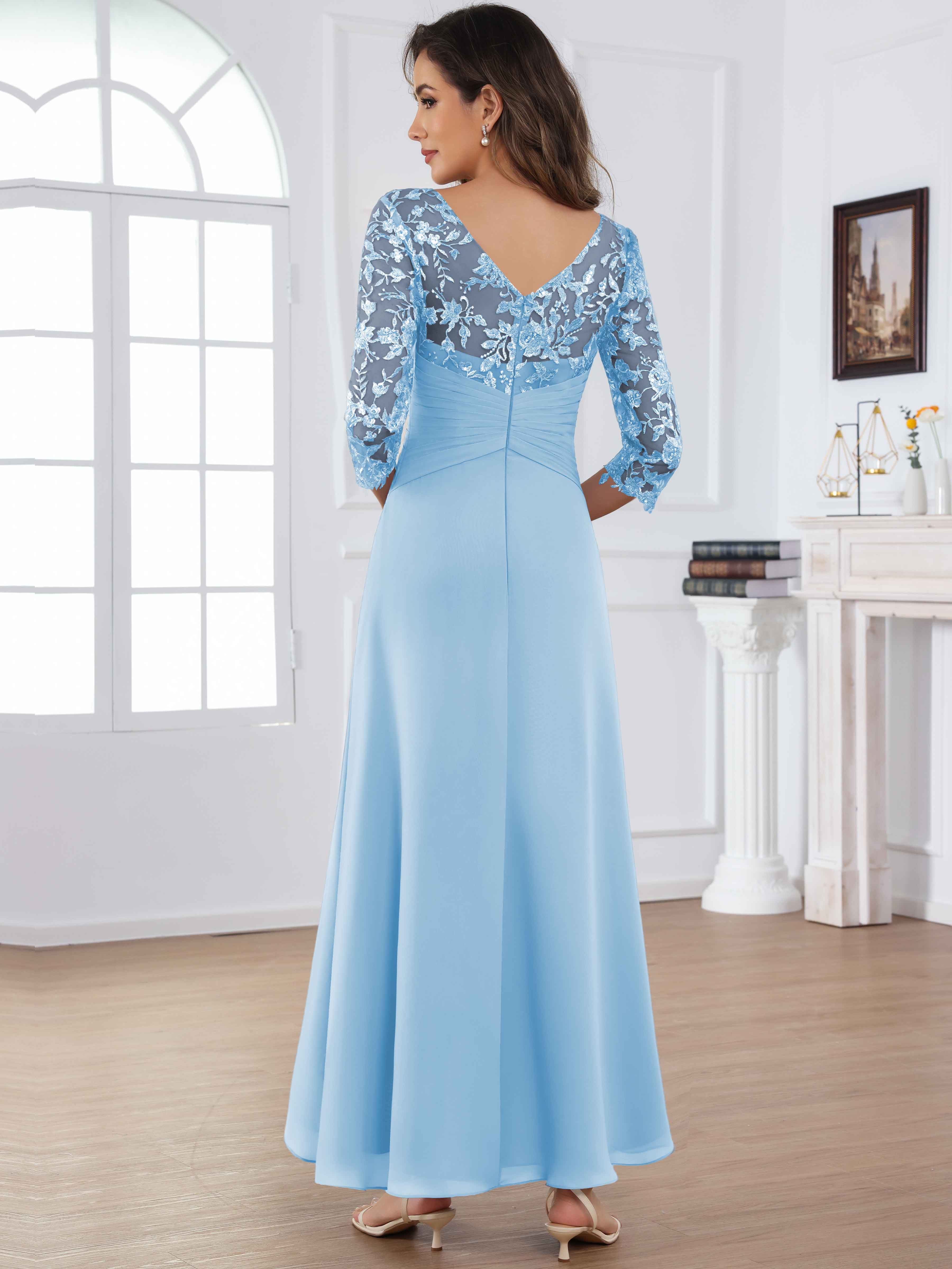 ROVDESY Tea Length Lace Chiffon Mother of The Bride Dress with 3/4 Sleeves