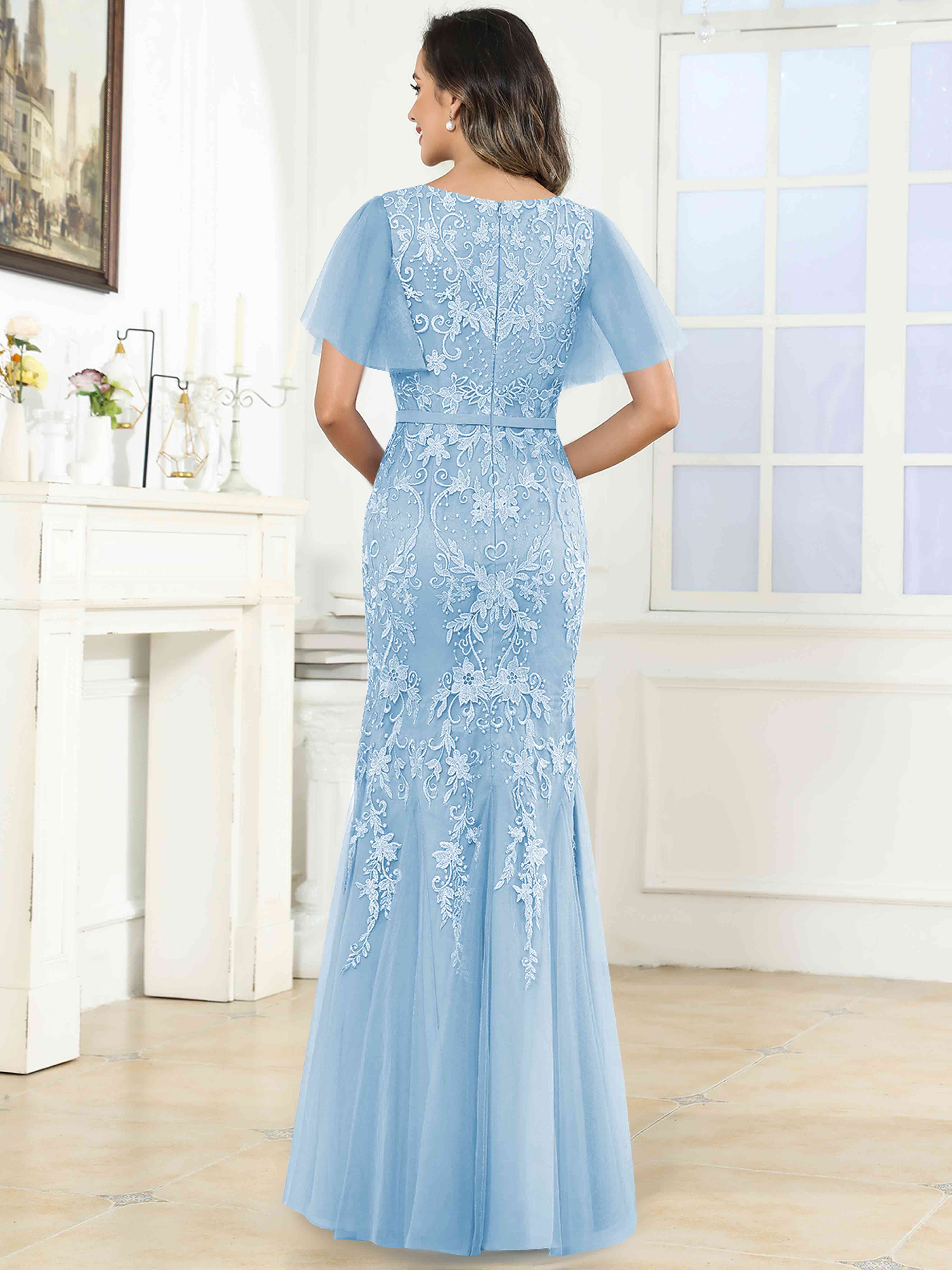 ROVDESY Elegant V-Neck Lace Mermaid Long Mother Of The Bride Dress Formal Gown With Sleeves