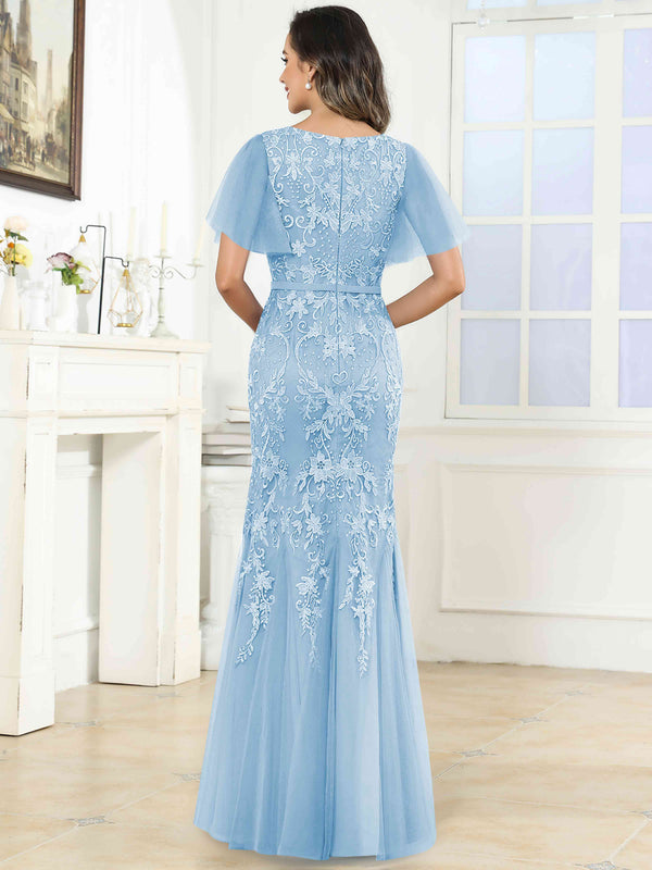Elegant V-Neck Lace Mermaid Long Mother Of The Bride Dress Formal Gown With Sleeves