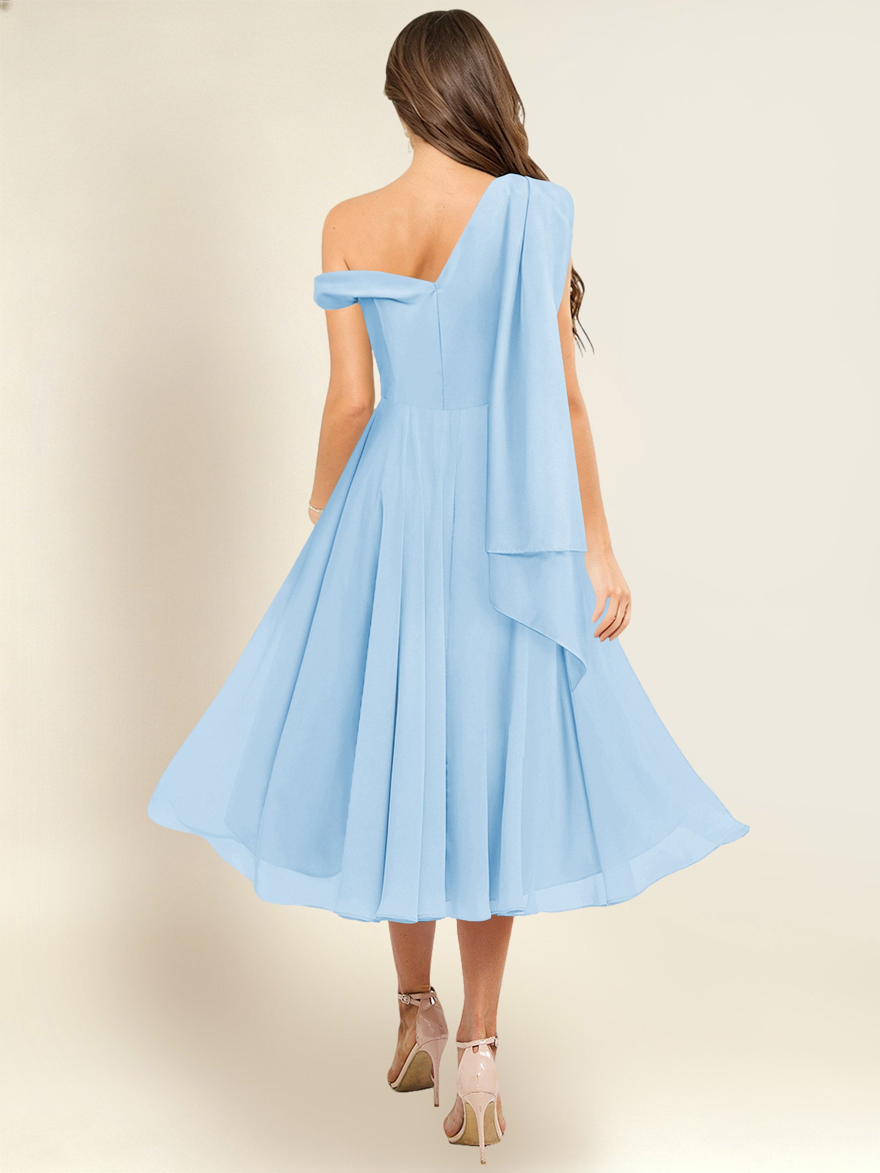 ROVDESY A-Line One Shoulder Pleated Chiffon Bridesmaid Dress With Flowing Sash