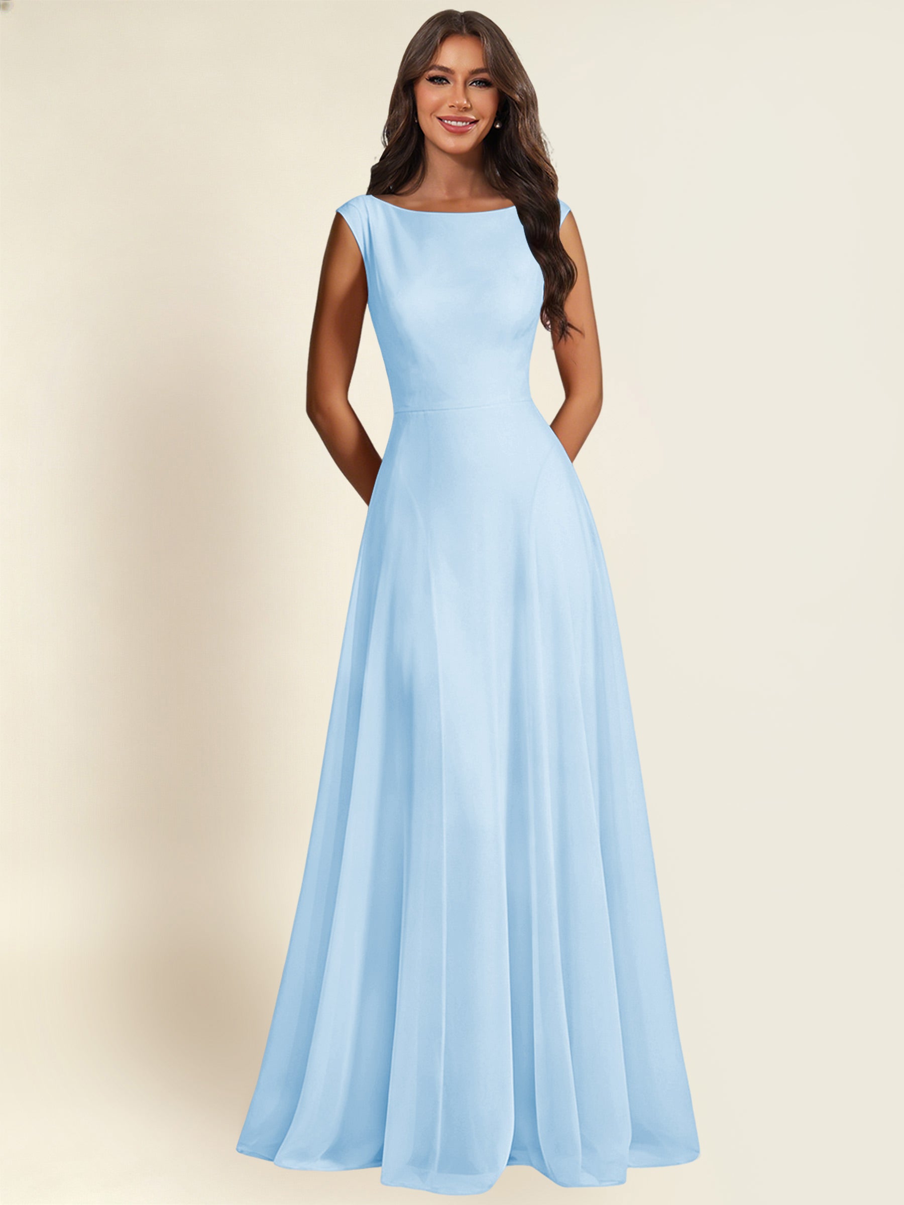 ROVDESY A-Line Chiffon Long Bridesmaid Dress With Sleeveless