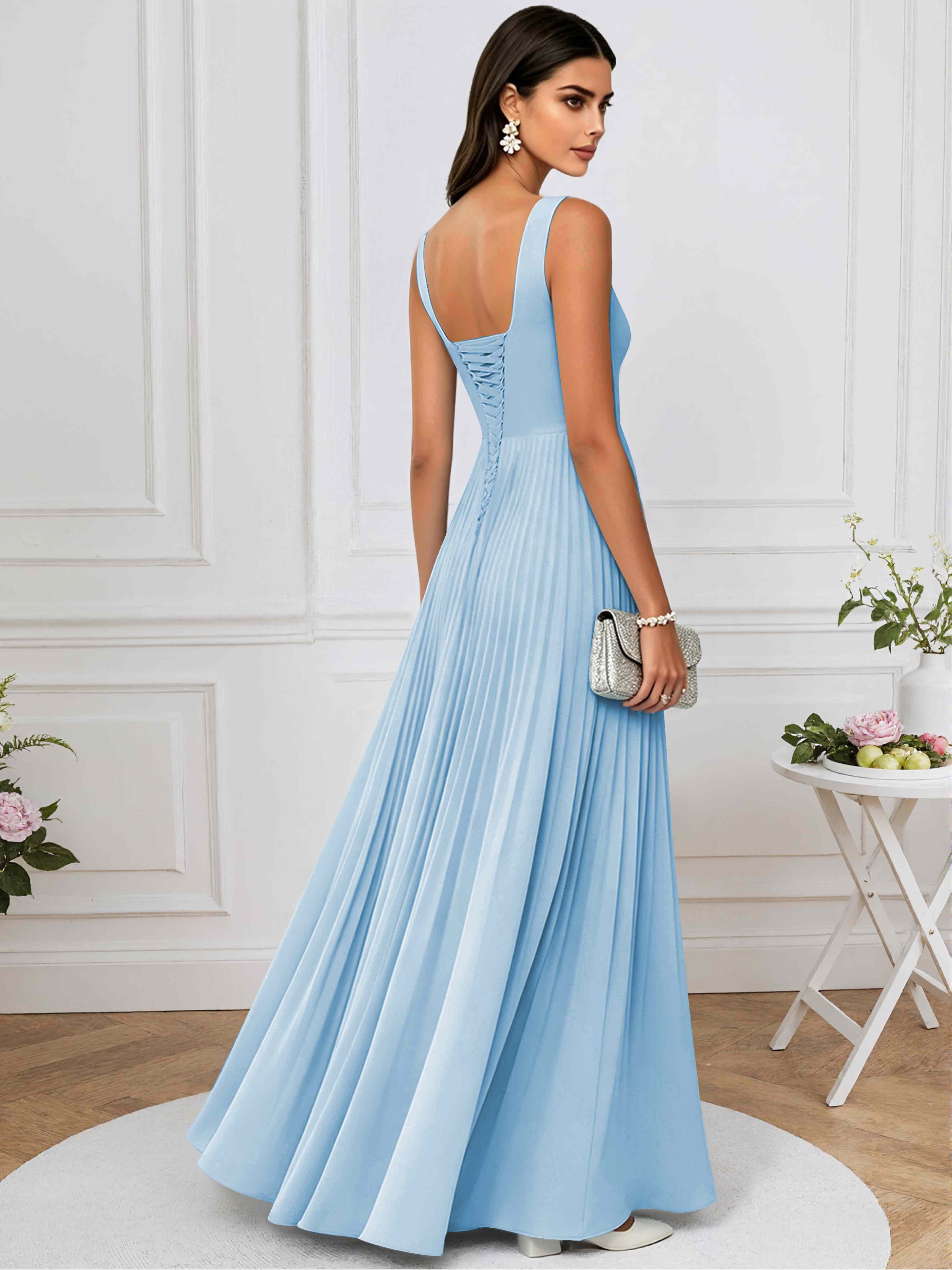 ROVDESY A-Line Square Neck Pleated Chiffon Long Bridesmaid/Prom Dress