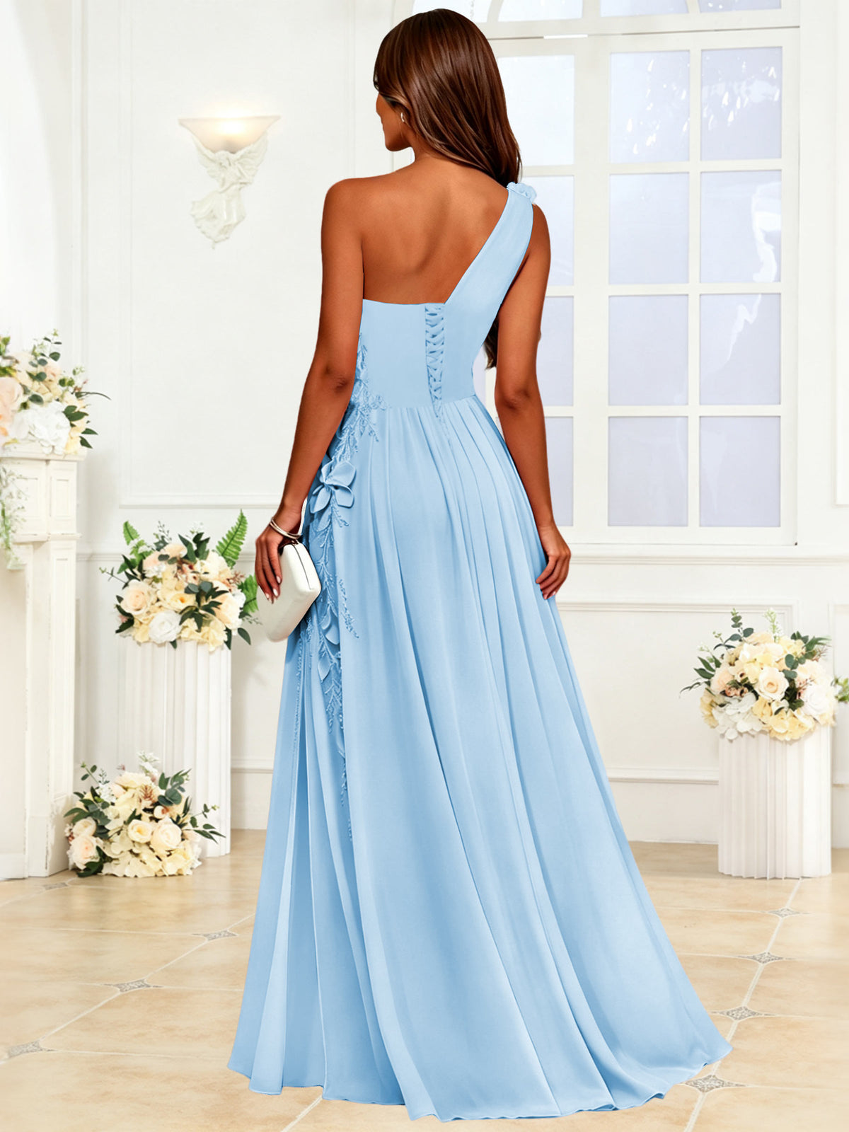 One Shoulder 3D Flower Chiffon Bridesmaid Dress with Slit