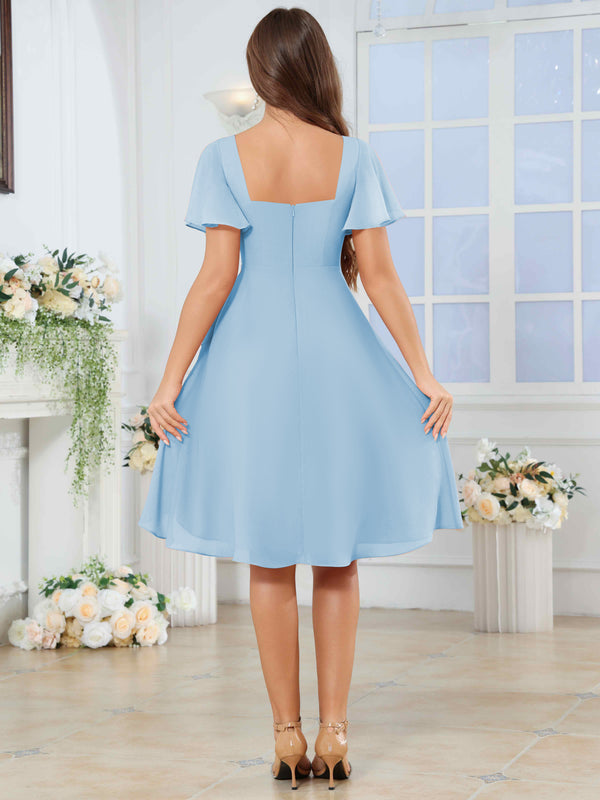Knee Length V-Neck Pleated Chiffon Bridesmaid Dress With Short Sleeves