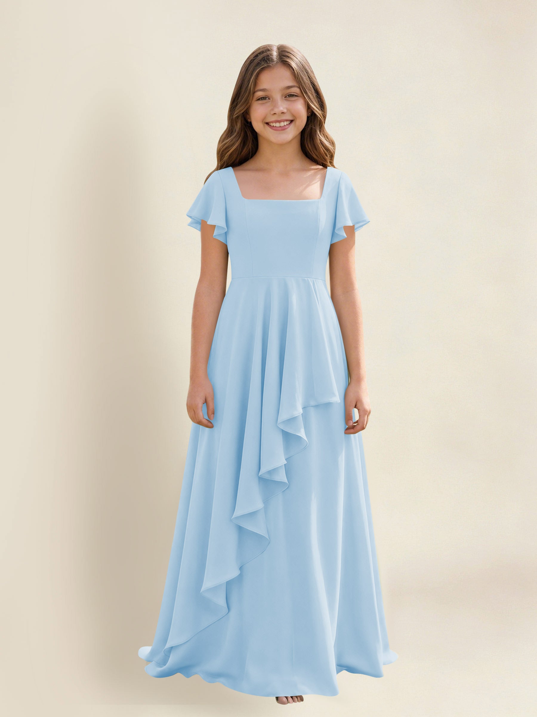 ROVDESY A-Line Square Neck Ruffle Chiffon Junior Bridesmaid Dress With Short Sleeves