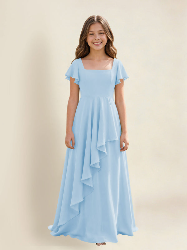A-Line Square Neck Ruffle Chiffon Junior Bridesmaid Dress With Short Sleeves
