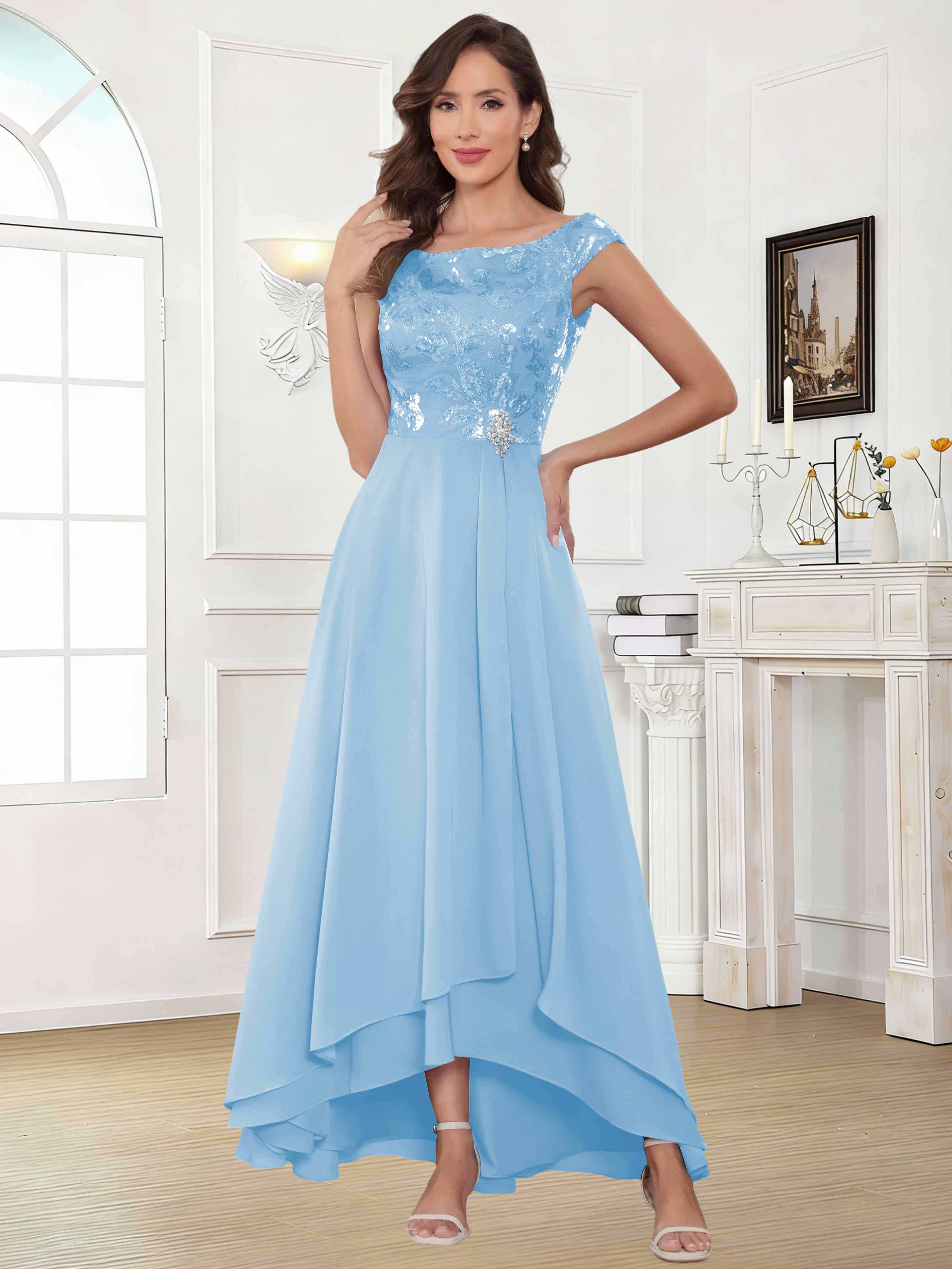 ROVDESY Tea Length Off-The-Shoulder Sequin Chiffon Mother Of The Bride Dress