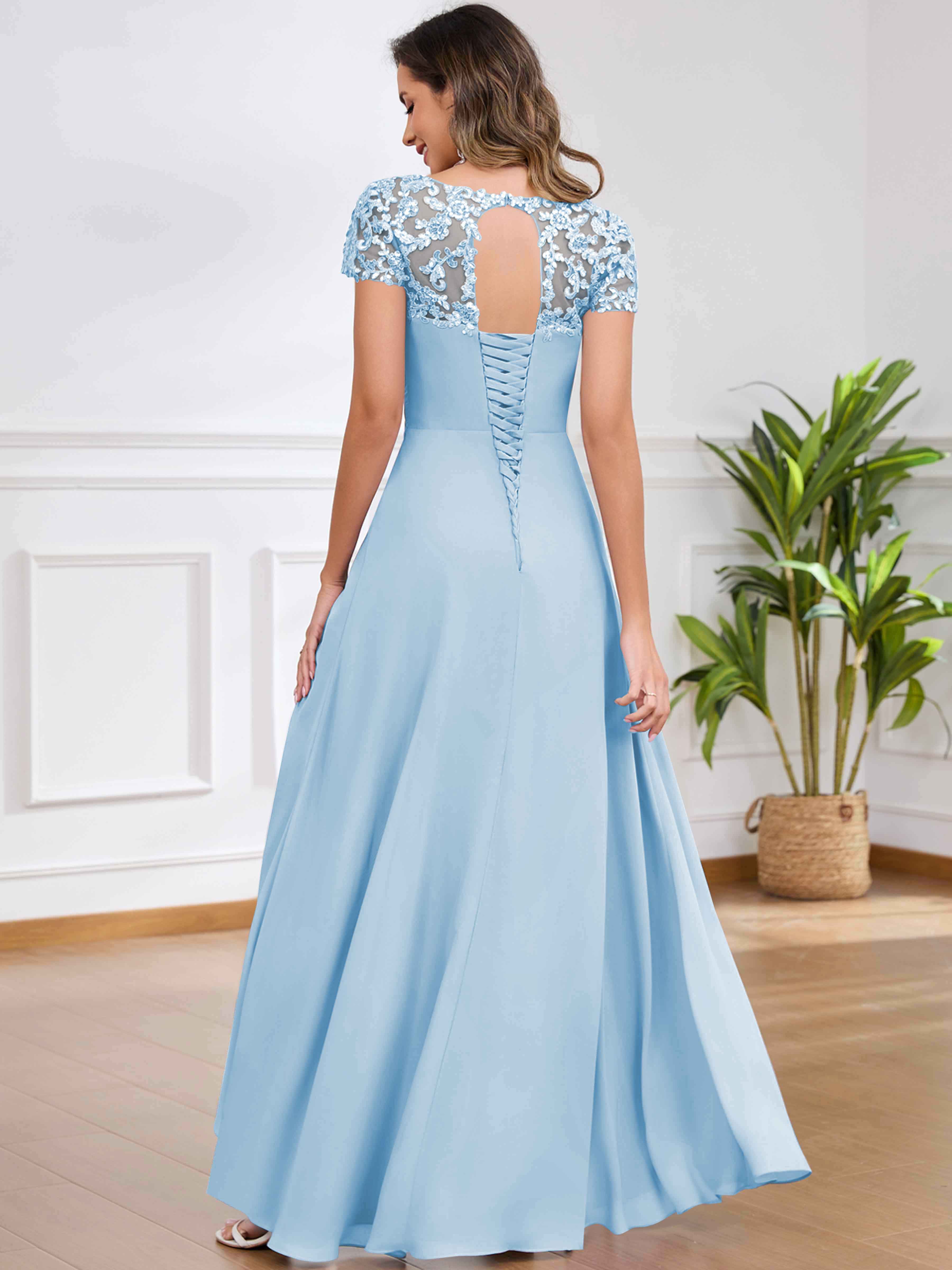 ROVDESY A-Line Pleated Lace Sequin Ruffle Chiffon Mother Of The Bride Dress With Slit