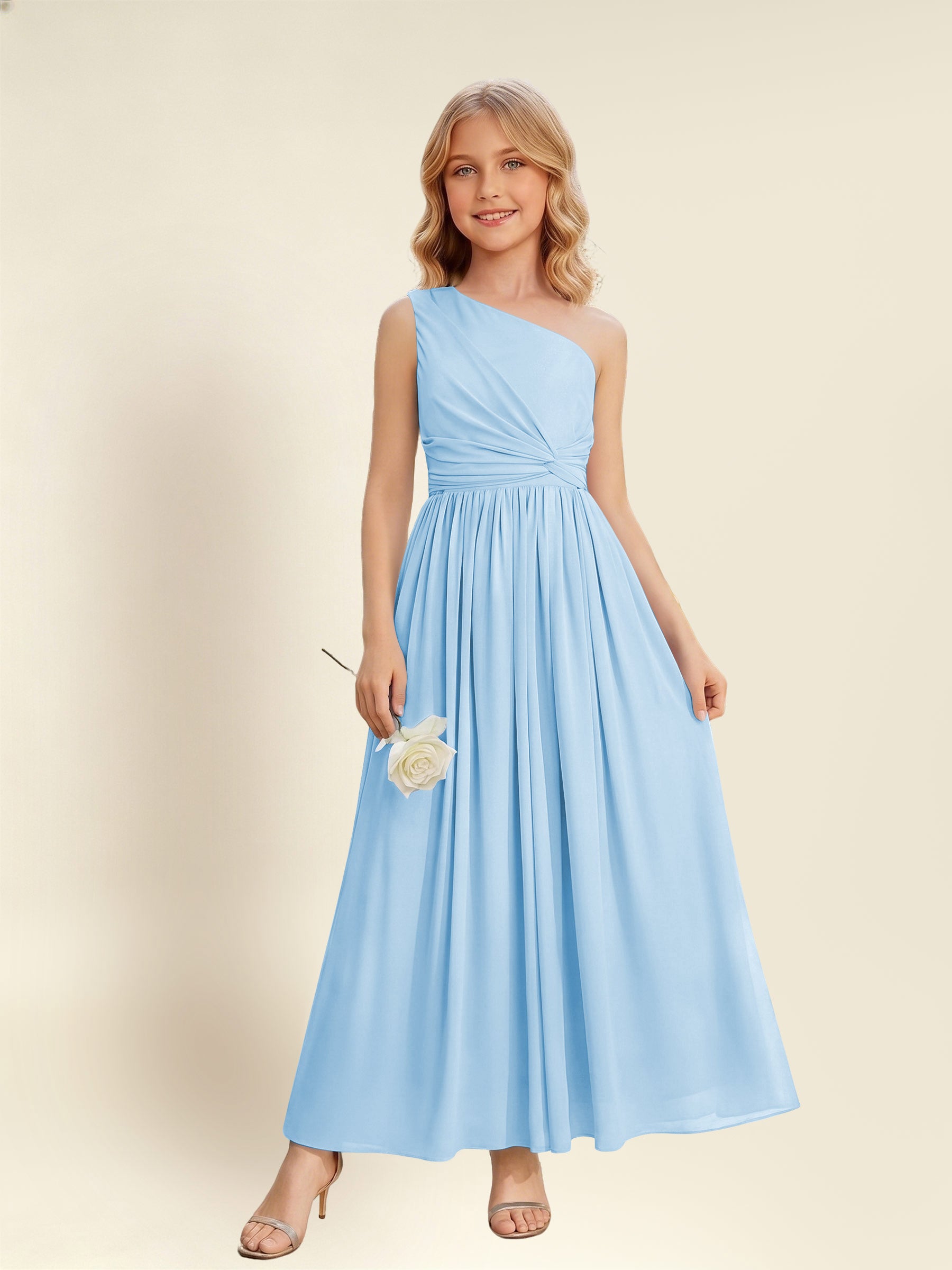 ROVDESY One Shoulder Twist Waist Chiffon Junior Bridesmaid Maxi Dress