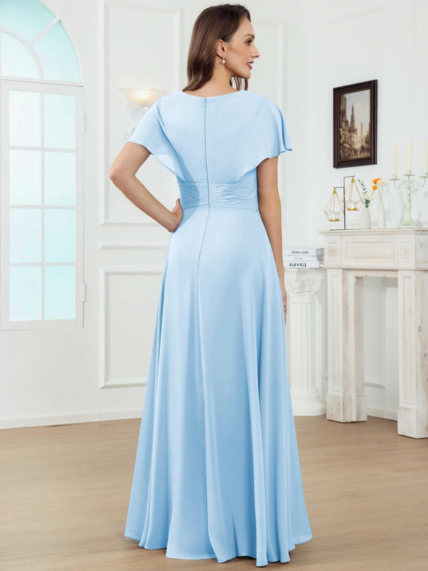 A-Line V-Neck Pleated Lace Chiffon Mother Of The Bride Dress With Short Sleeves