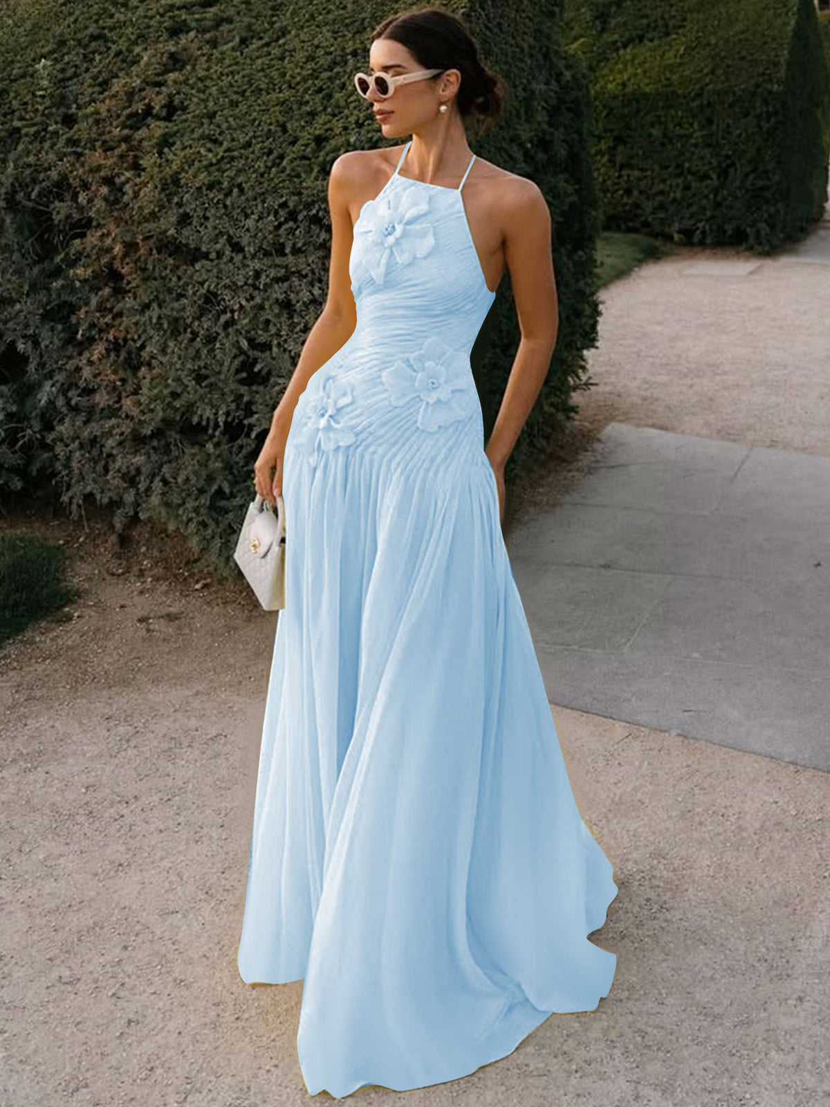 Halter Long Pleated Chiffon Prom Dress with 3D Flower