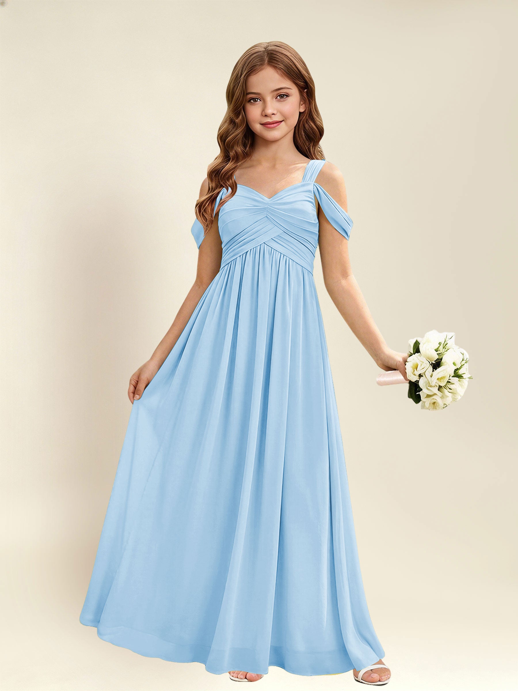 ROVDESY A-Line Off The Shoulder Pleated Chiffon Junior Bridesmaid Dress