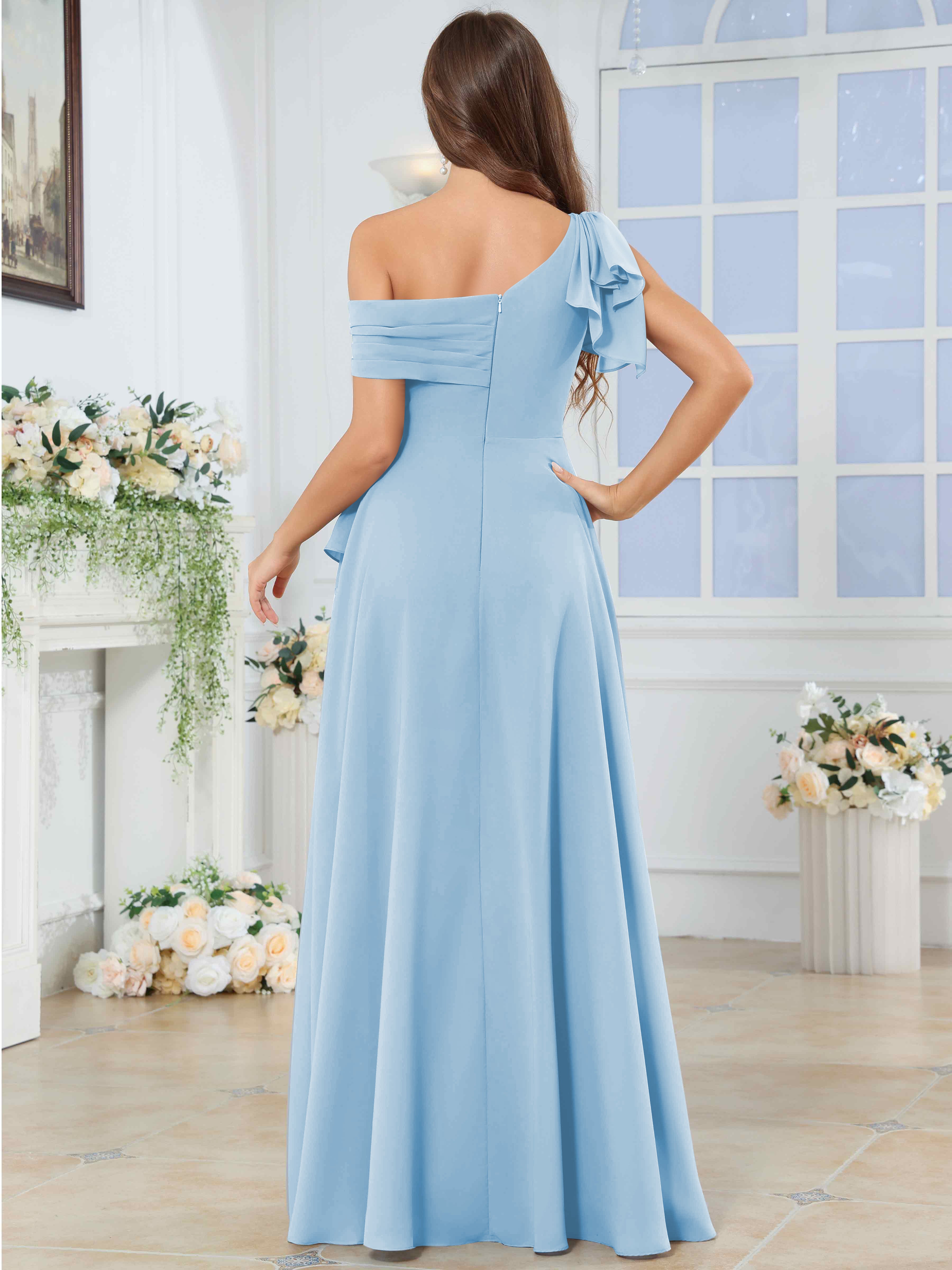 ROVDESY One Shoulder Pleated Ruffle Chiffon Bridesmaid Dress With Slit