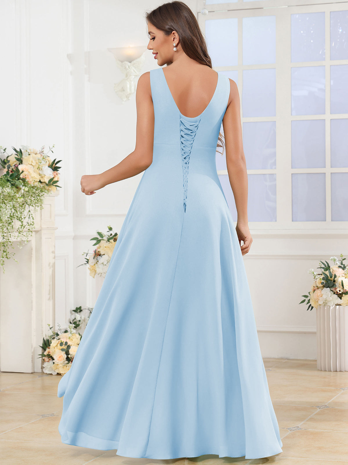 V Neck Chiffon A Line Ruffle Bridesmaid Dress with Slit