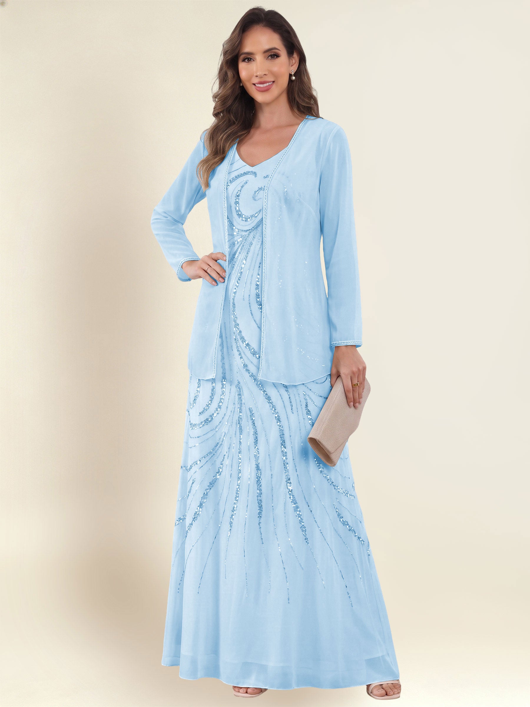 ROVDESY 2 Pieces V-Neck Sequin Chiffon Long Mother Of The Bride Dress With Long Sleeve Jacket