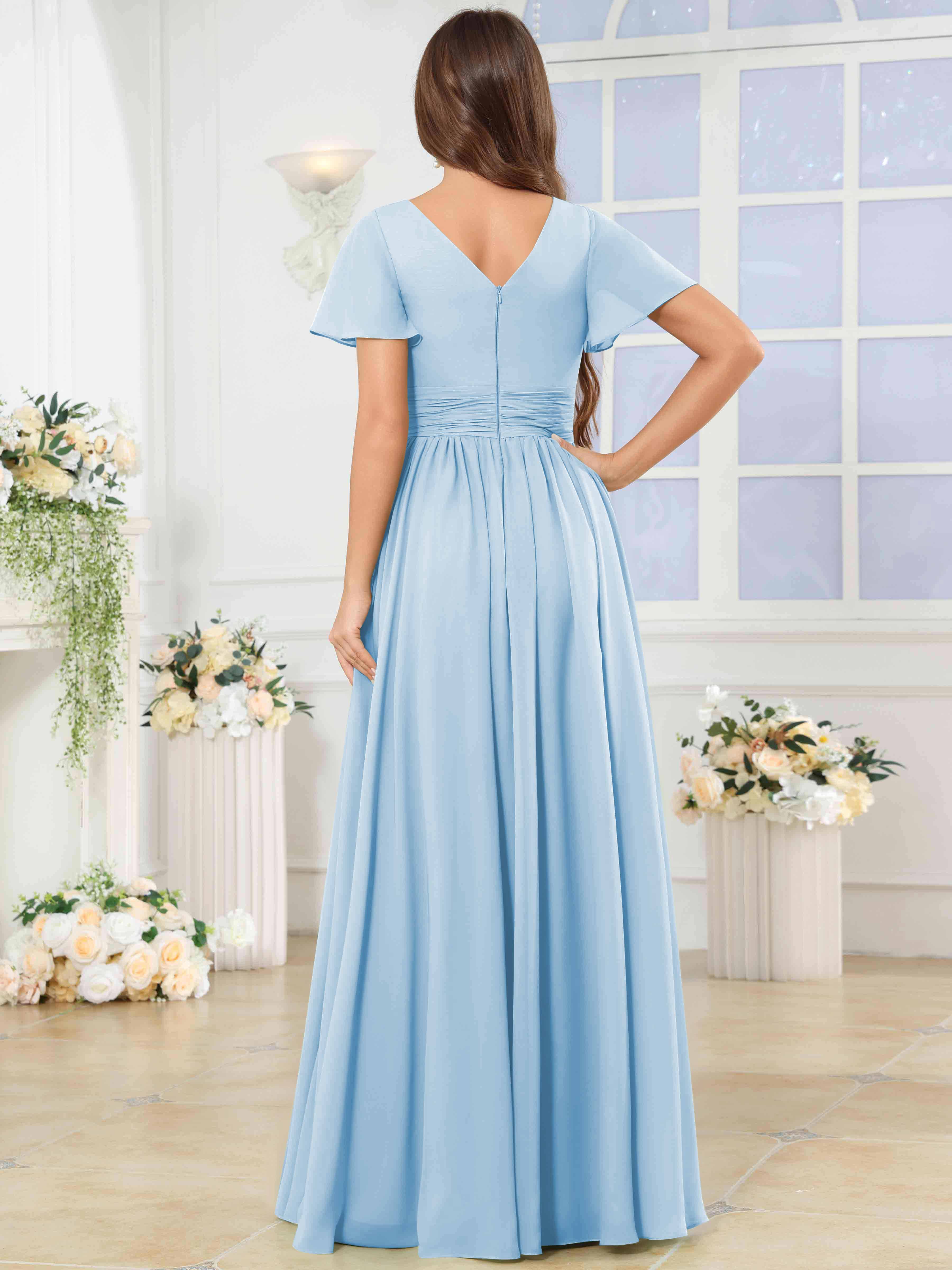 ROVDESY A-Line V-Neck Slit Pleated Ruffle Chiffon Bridesmaid Dress With Short Sleeves