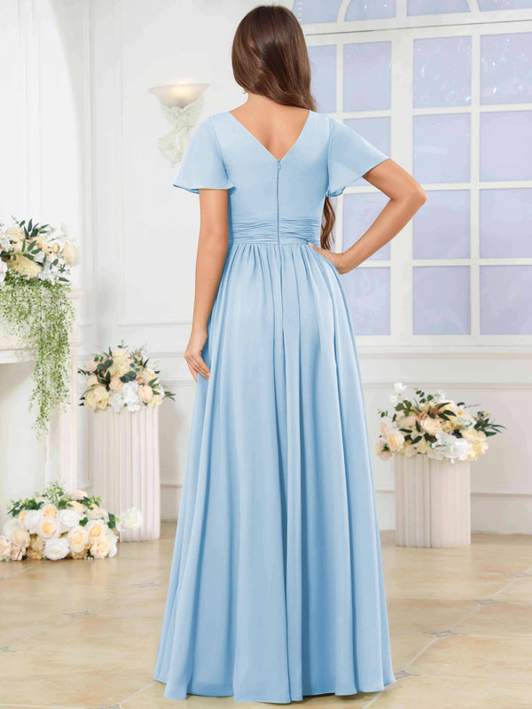 A-Line V-Neck Slit Pleated Ruffle Chiffon Bridesmaid Dress With Short Sleeves