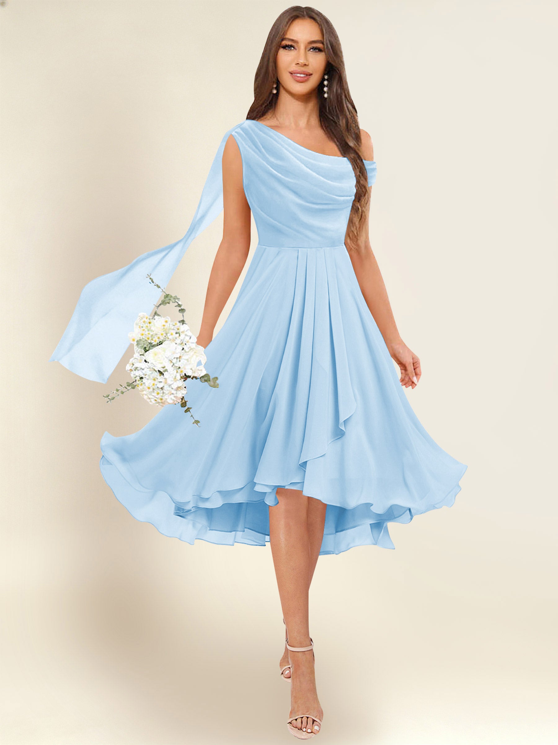 ROVDESY A-Line One Shoulder Pleated Chiffon Bridesmaid Dress With Flowing Sash