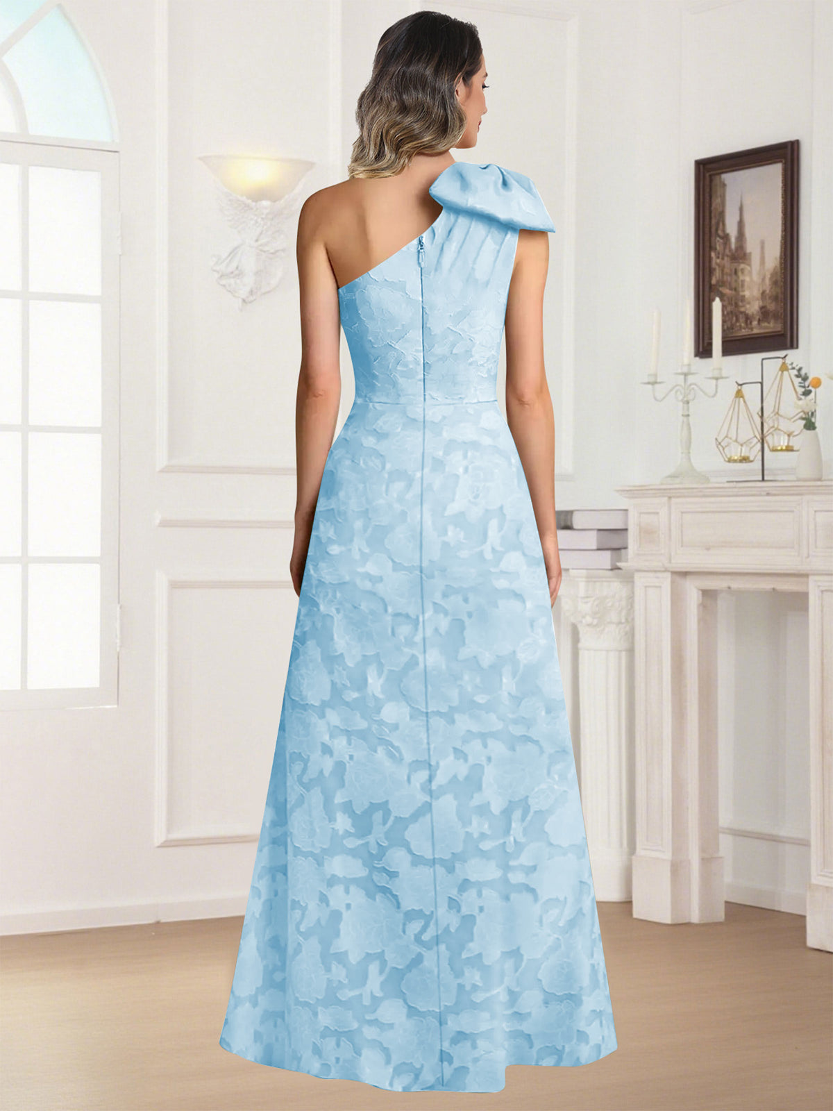 One Shoulder Floral Jacquard Mother of the Bride Dress