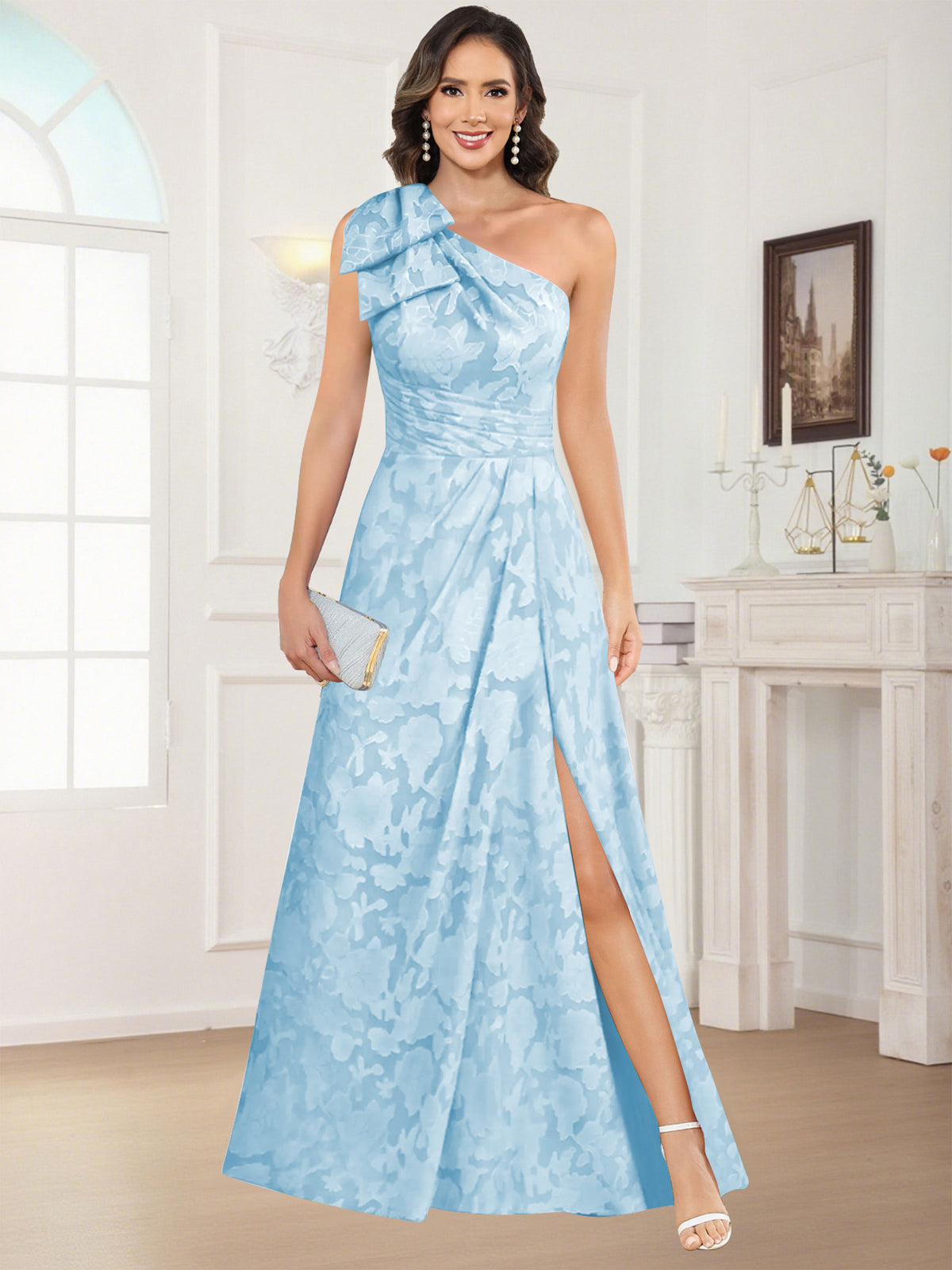 One Shoulder Floral Jacquard Mother of the Bride Dress