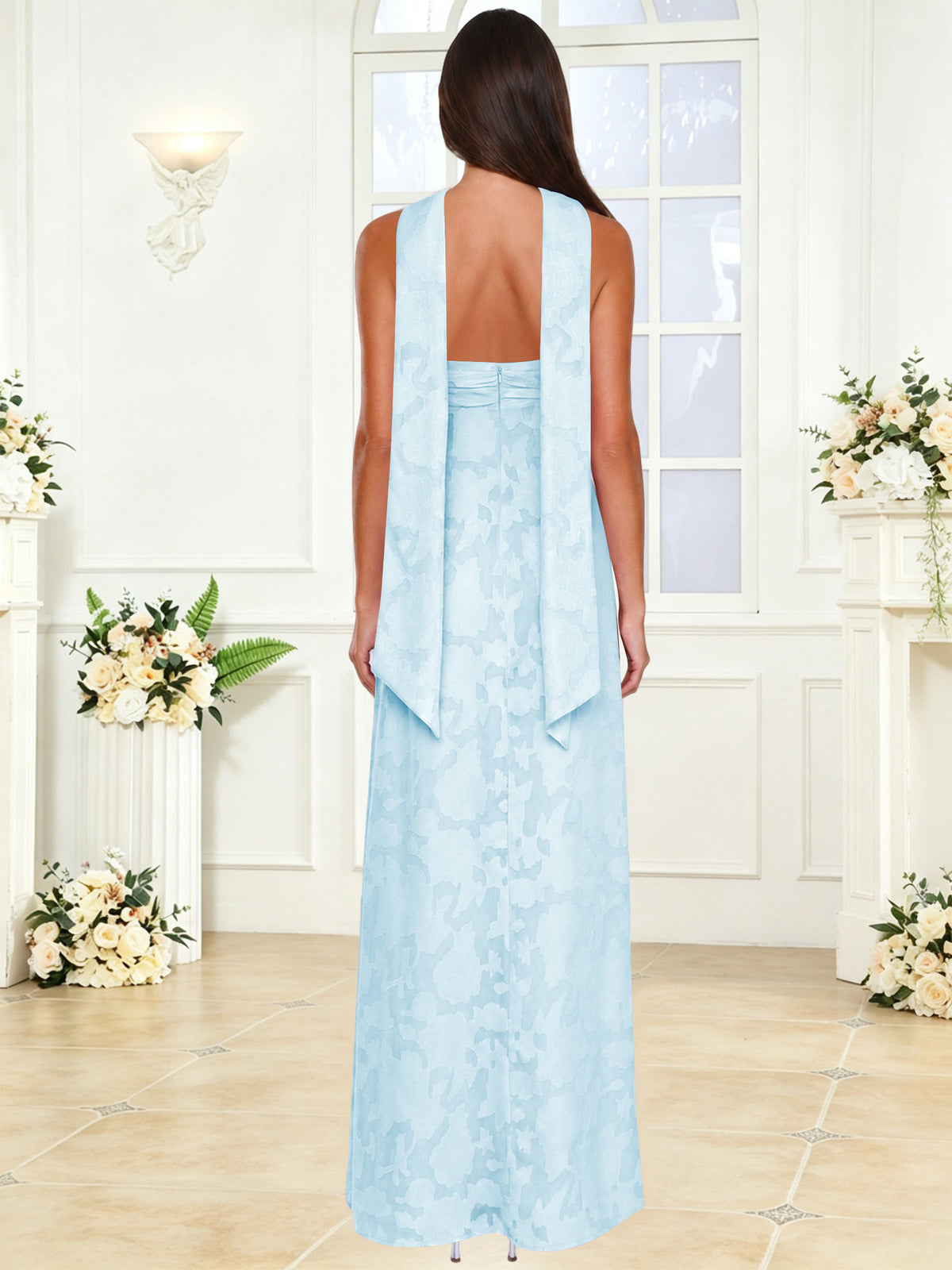 Spaghetti Strap Ruched Floral Jacquard A Line Bridesmaid Dress with Scarf