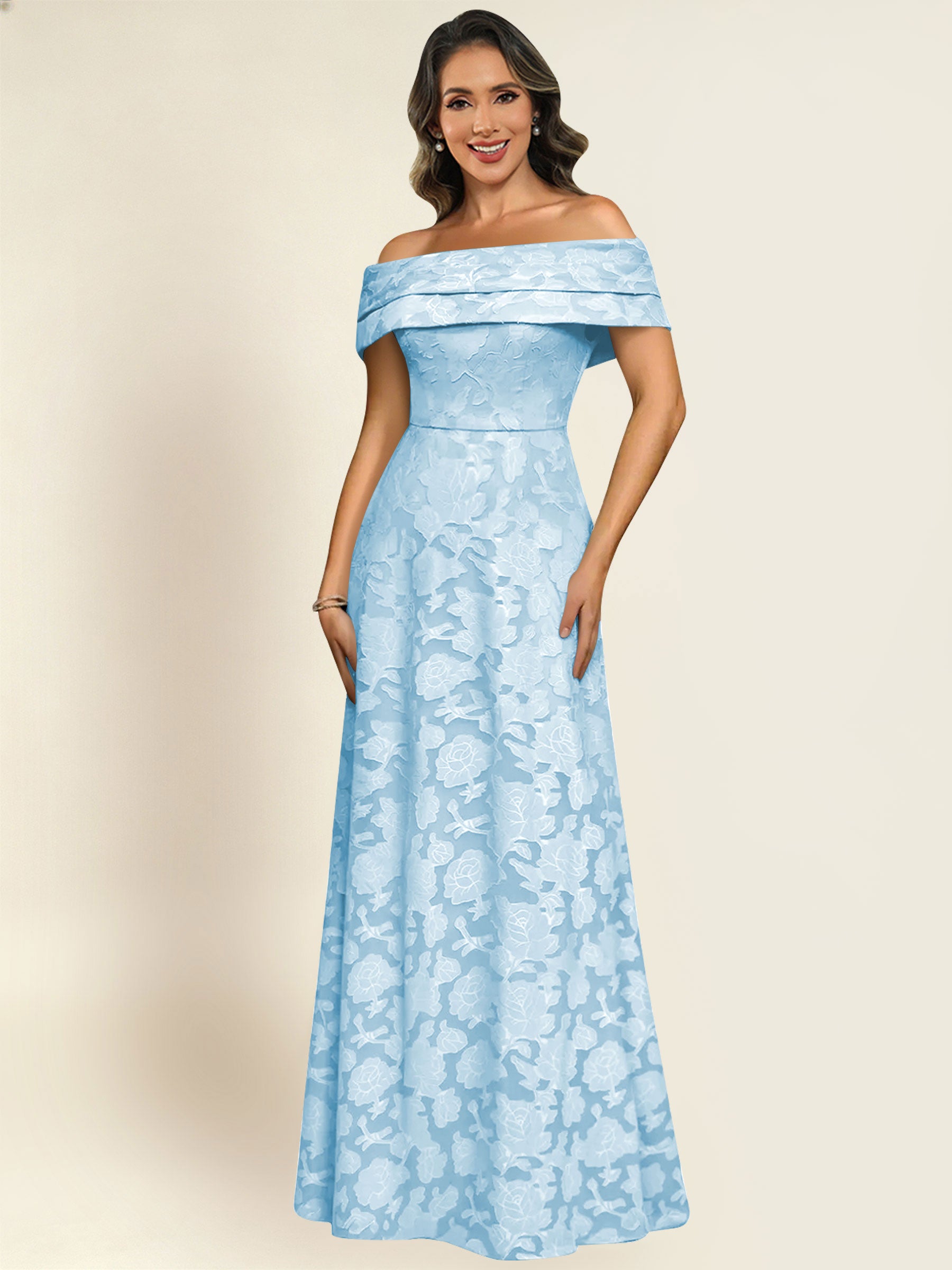 ROVDESY Off the Shoulder Floral Jacquard A-Line Long Mother of the Bride Dress