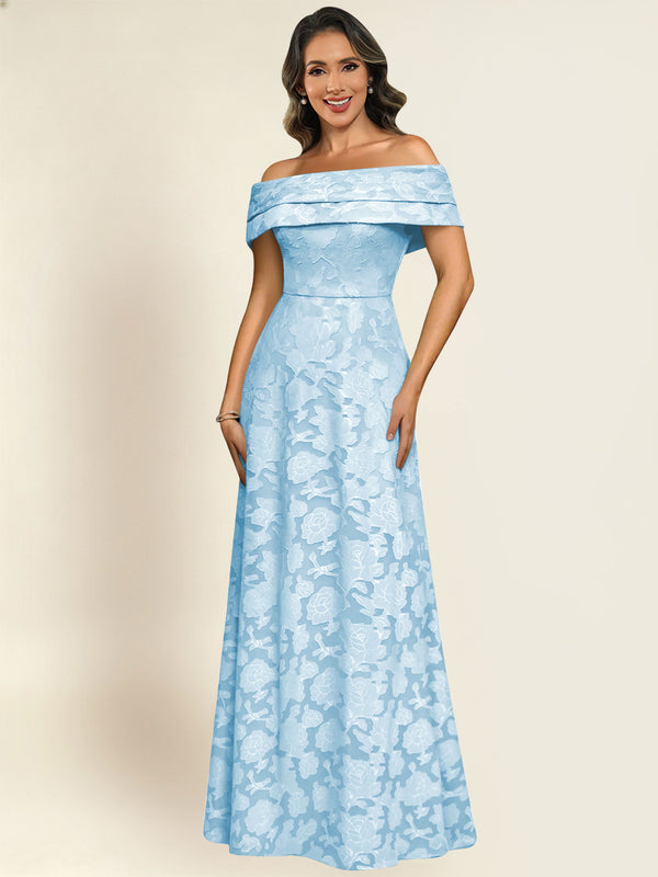 Off the Shoulder Floral Jacquard A-Line Long Mother of the Bride Dress