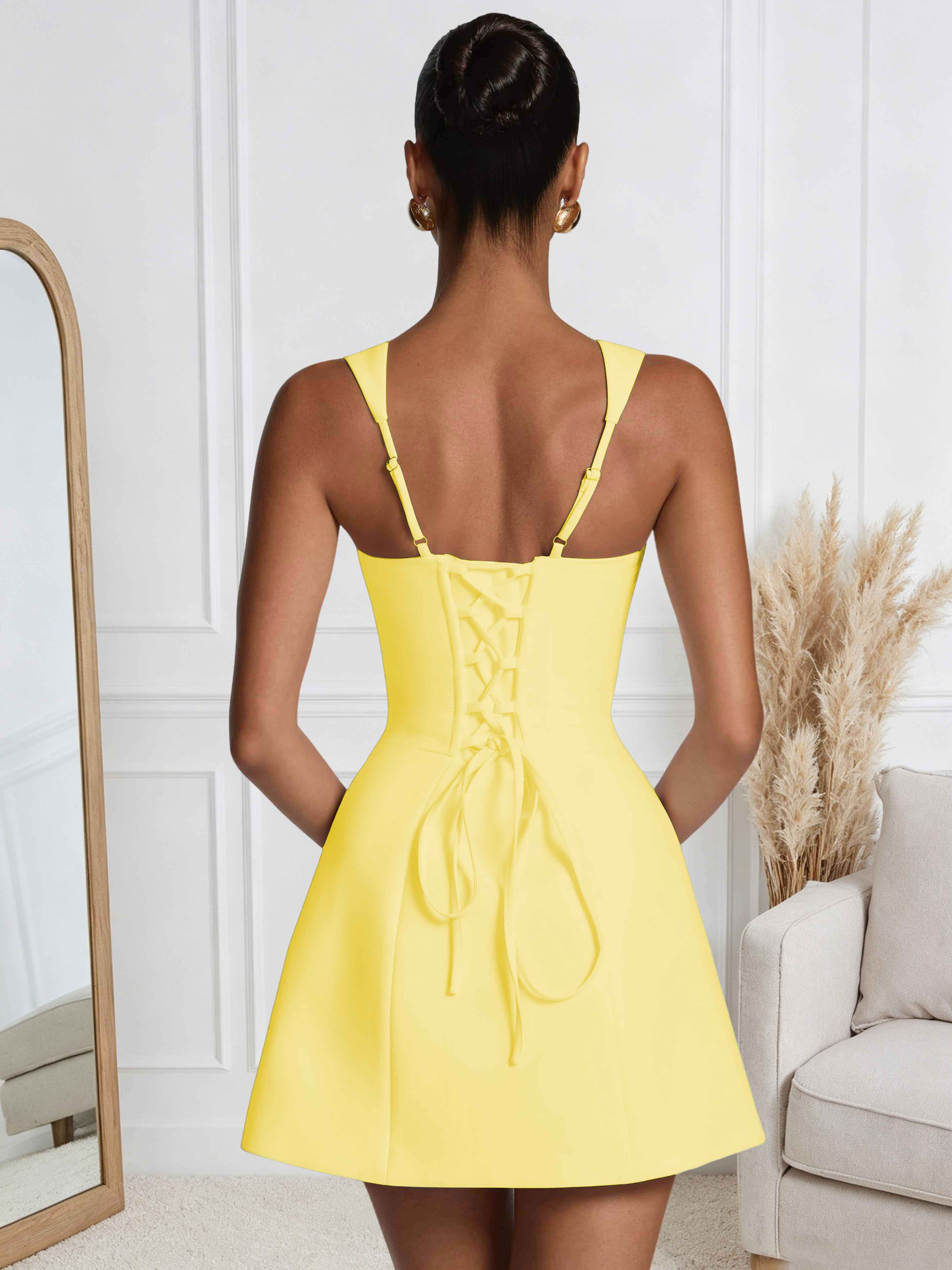 ROVDESY A-Line Square Neck Satin Homecoming Mini Dress