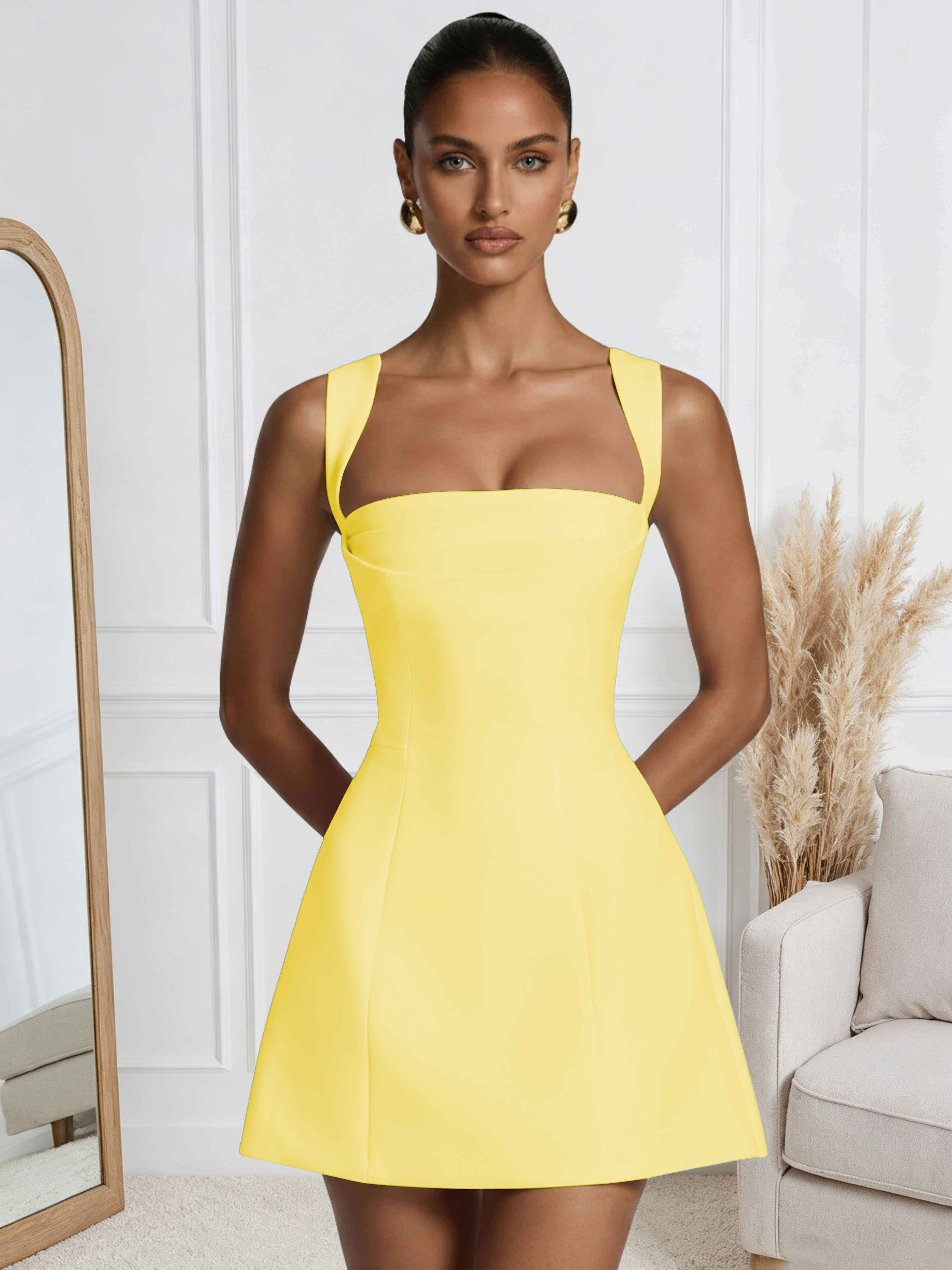 ROVDESY A-Line Square Neck Satin Homecoming Mini Dress